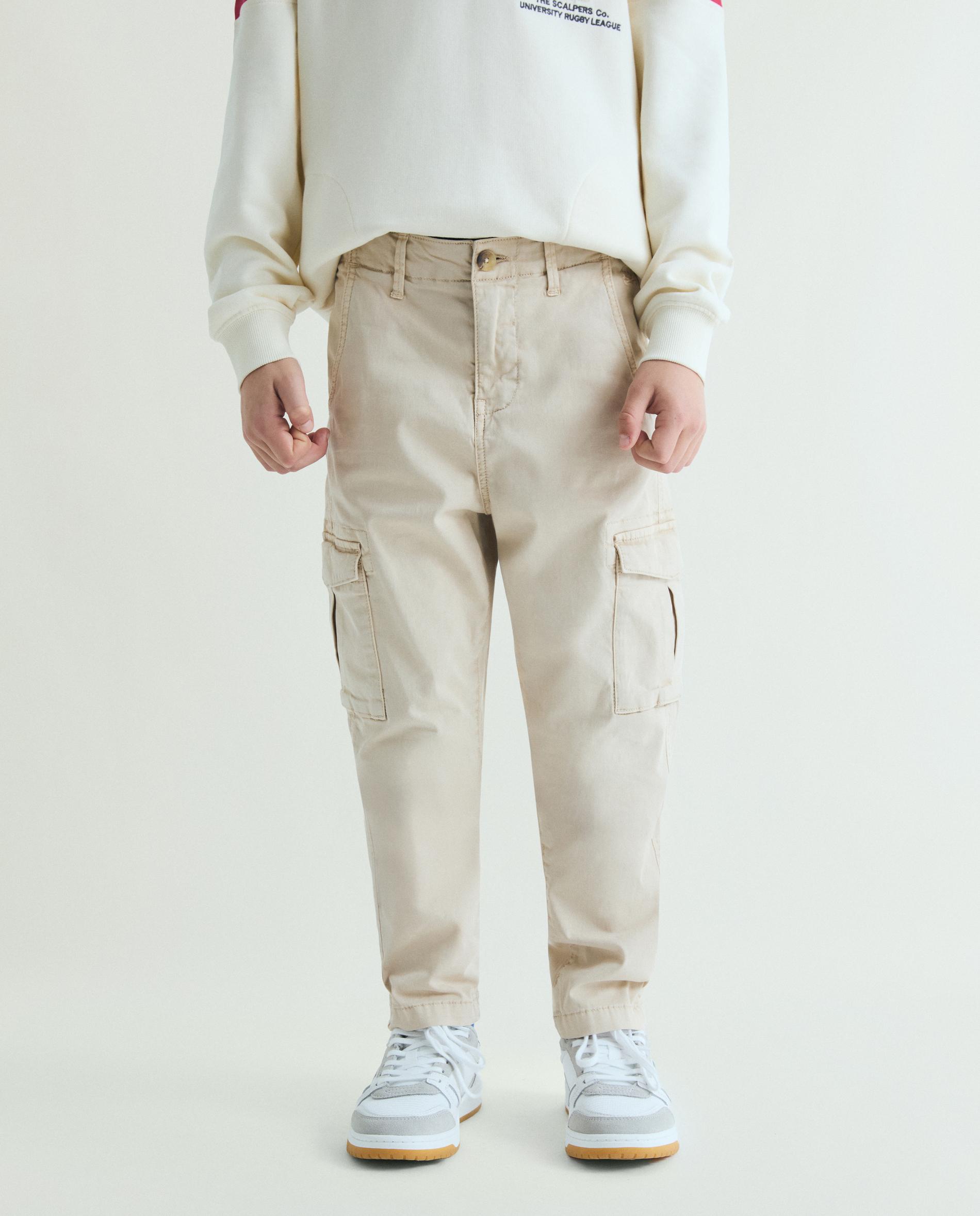 Pantalón cargo de niño liso con cierre de botón y cremallera - Scalpers - Beige Beige-2