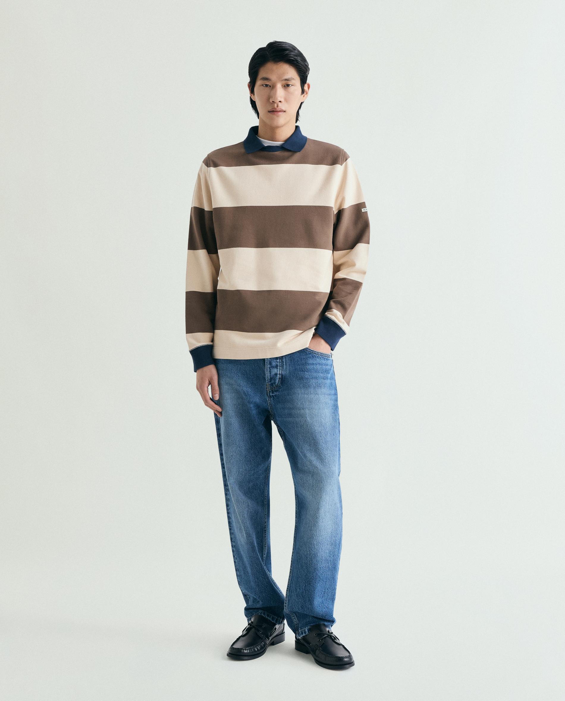Sudadera de hombre a rayas con cuello polo - Scalpers - Beige/Marrón Beige/Marrón-3