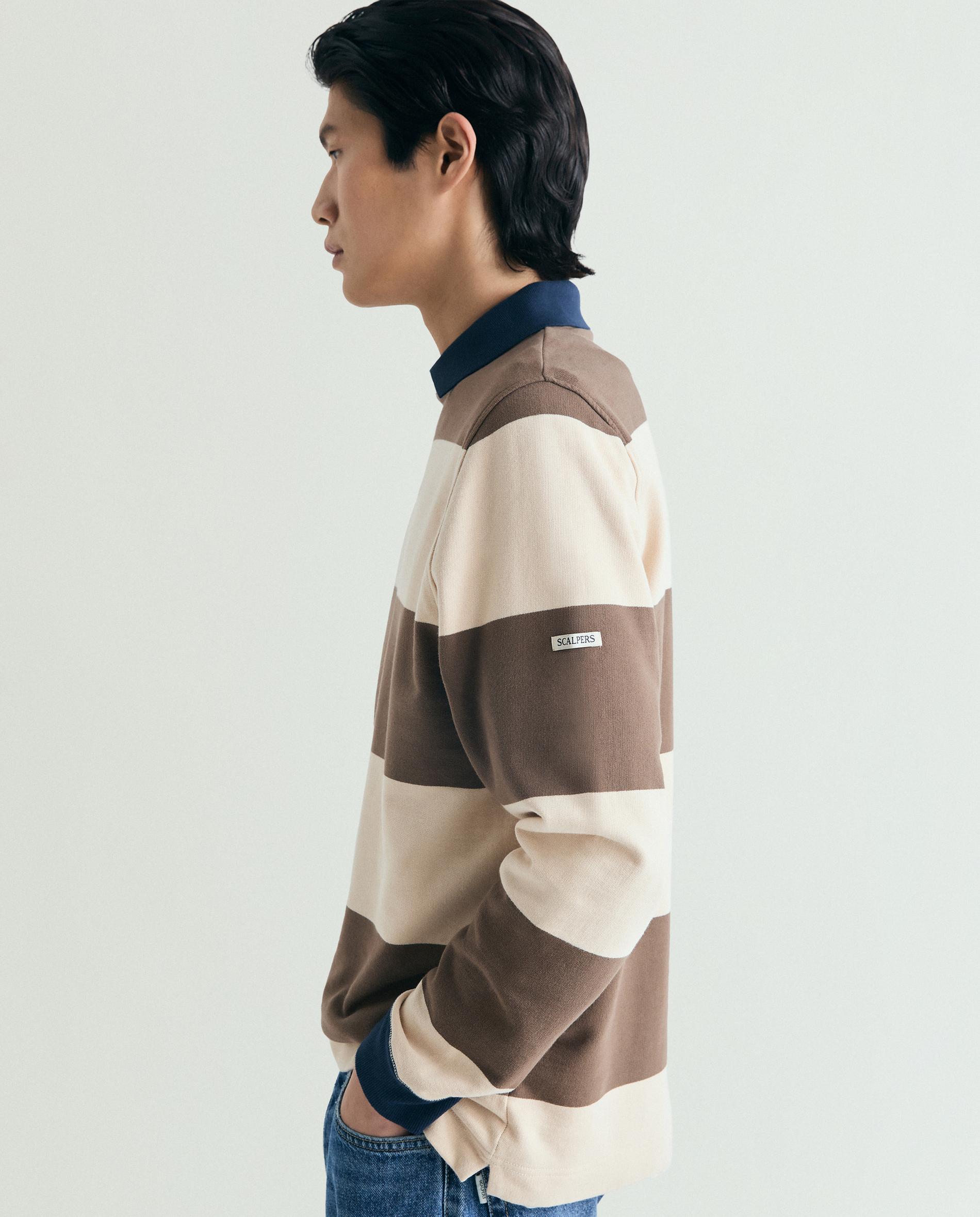 Sudadera de hombre a rayas con cuello polo - Scalpers - Beige/Marrón Beige/Marrón-4