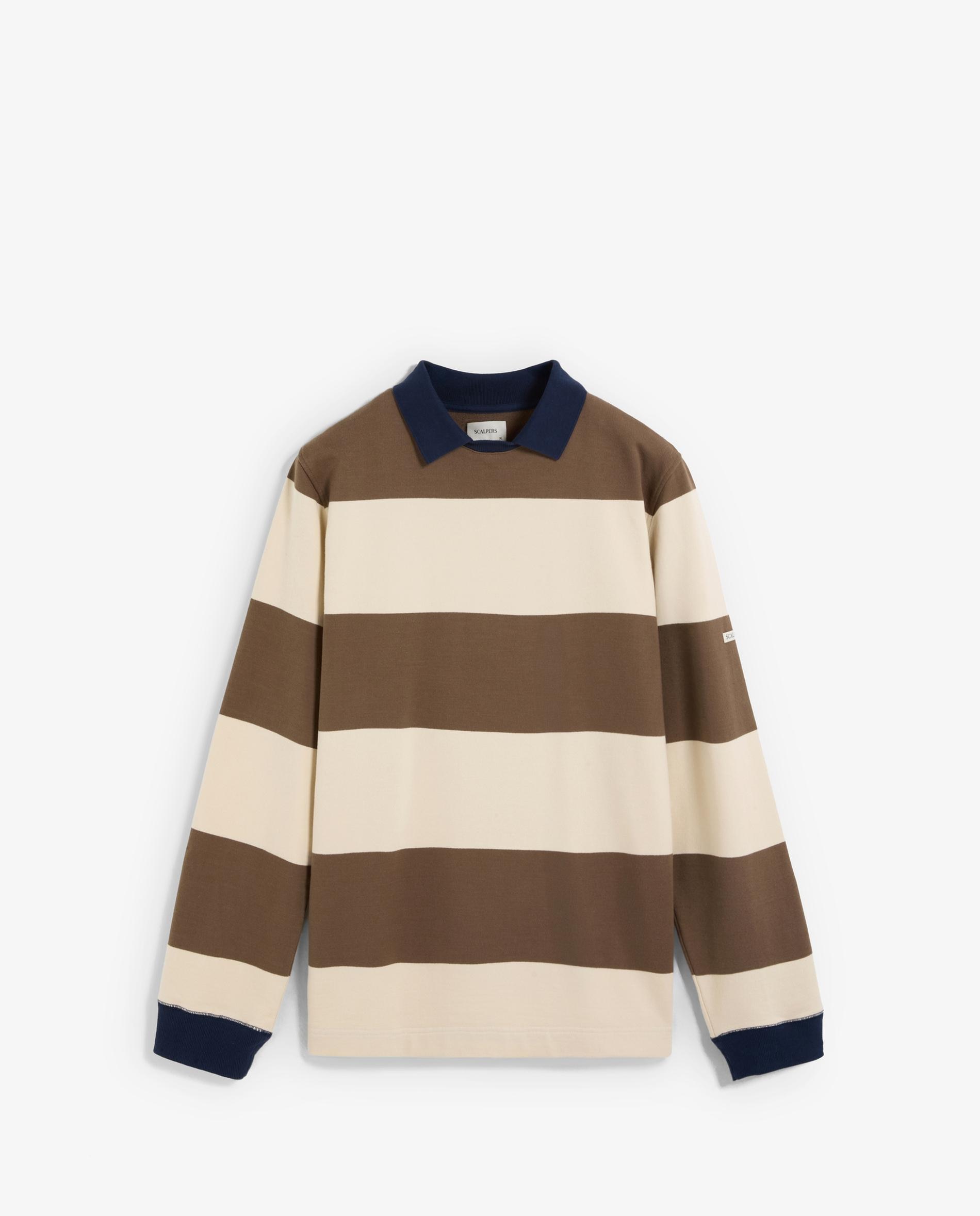 Sudadera de hombre a rayas con cuello polo - Scalpers - Beige/Marrón Beige/Marrón-7