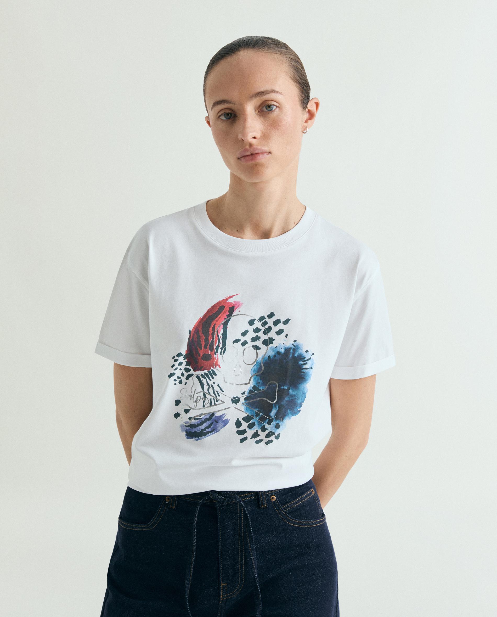 Scalpers - Camiseta de mujer de manga corta con print frontal.