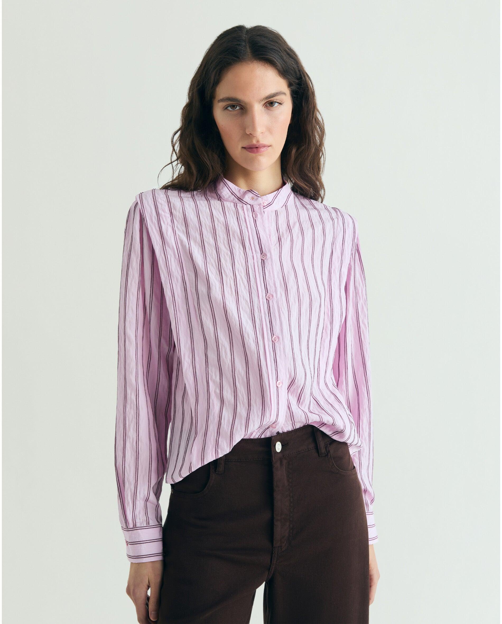 Scalpers - Camisa de mujer a rayas con cuello mao.