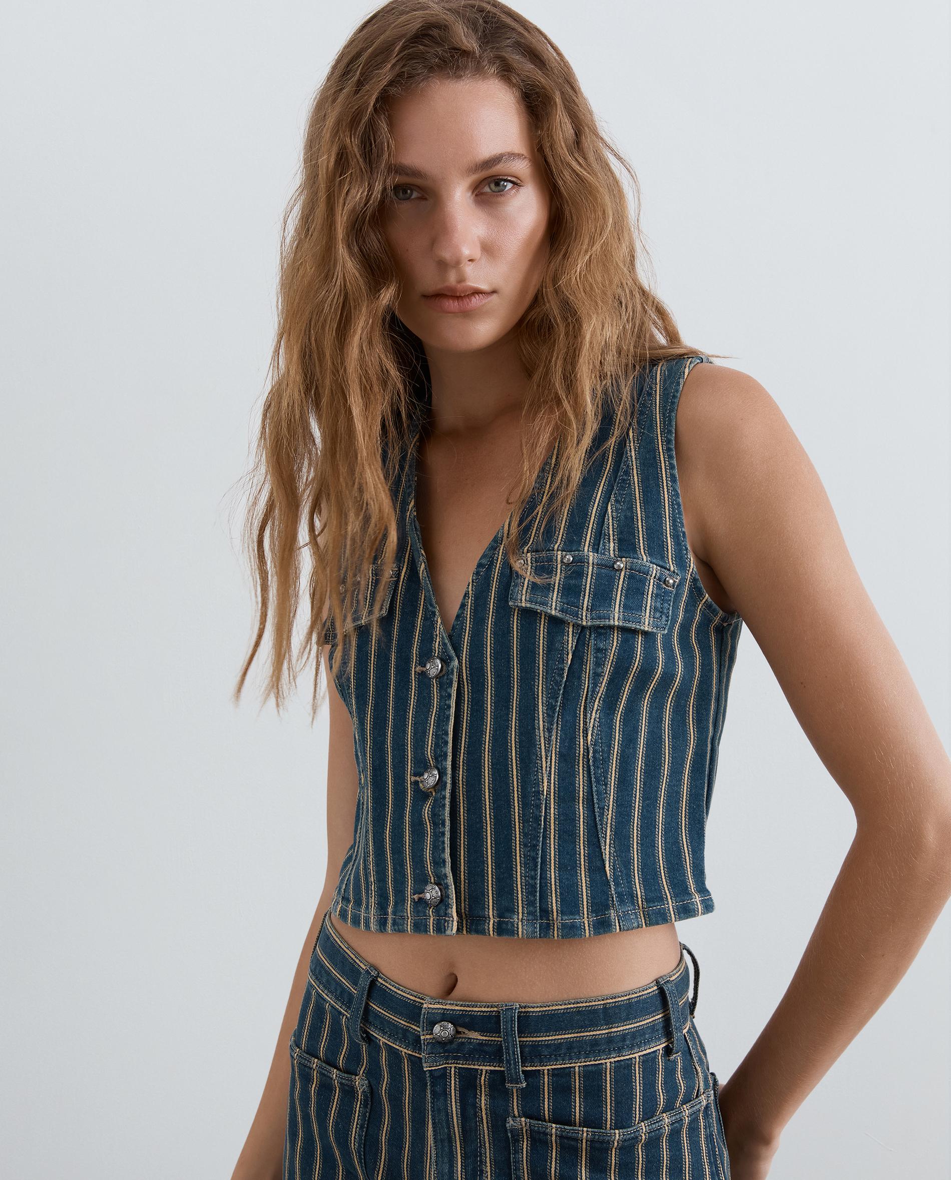 Chaleco de mujer denim de rayas con escote de pico - Scalpers - Azul índigo Azul índigo-1