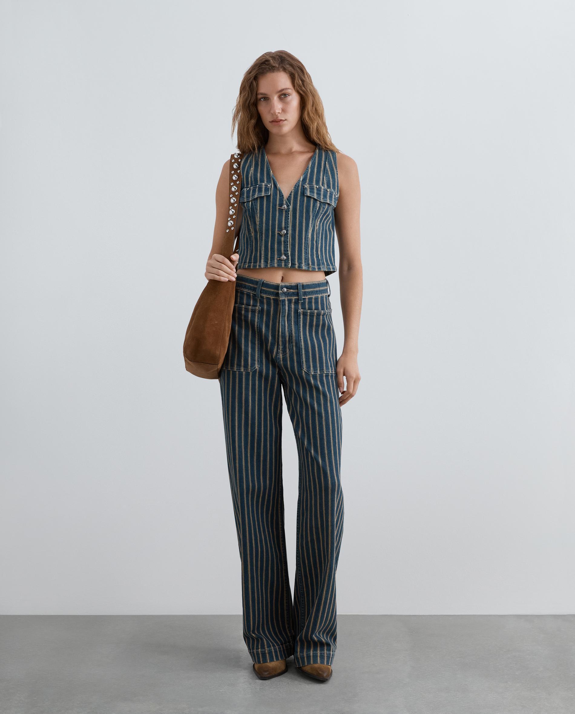 Chaleco de mujer denim de rayas con escote de pico - Scalpers - Azul índigo Azul índigo-3