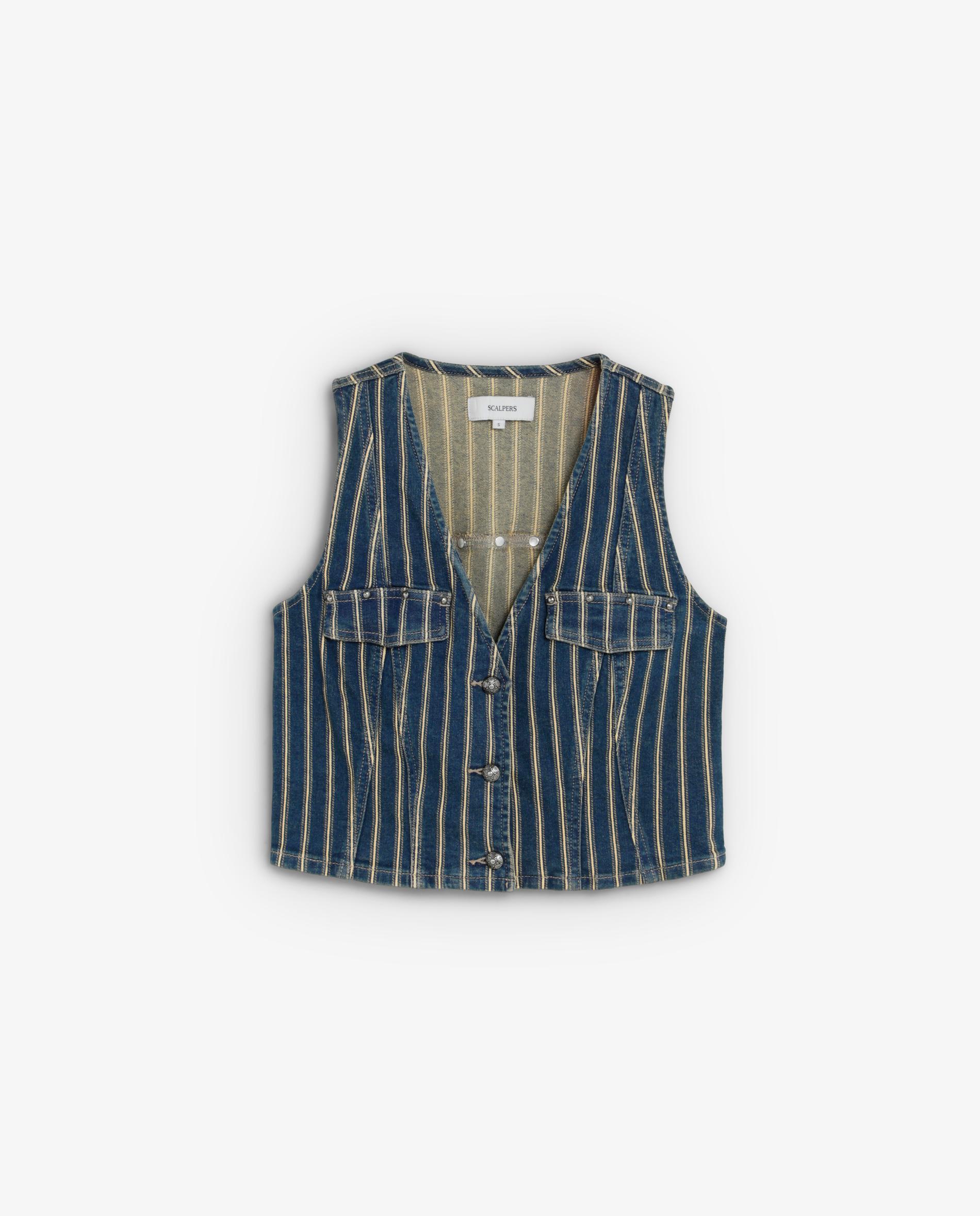 Chaleco de mujer denim de rayas con escote de pico - Scalpers - Azul índigo Azul índigo-5