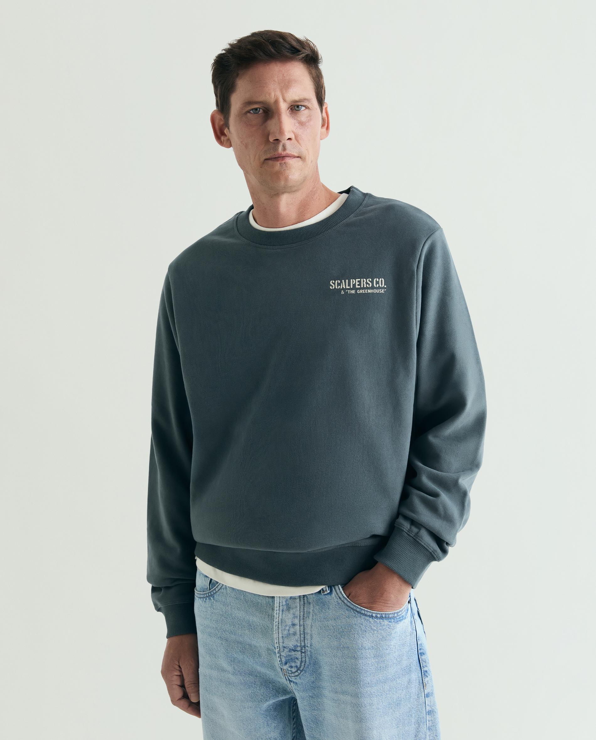 Scalpers - Sudadera de hombre con cuello redondo y estampado trasero.