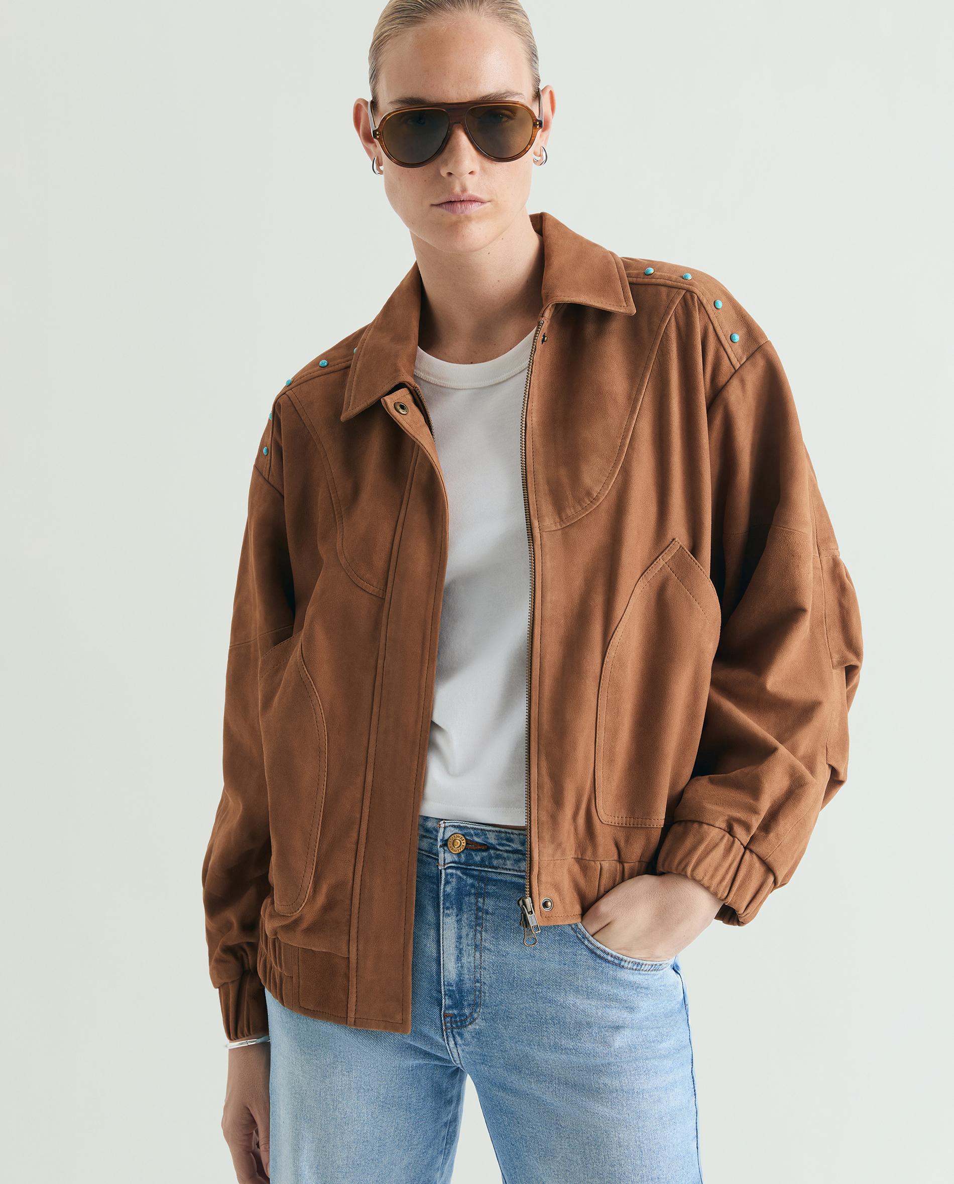Scalpers - Cazadora de piel de mujer bomber con detalles de studs.