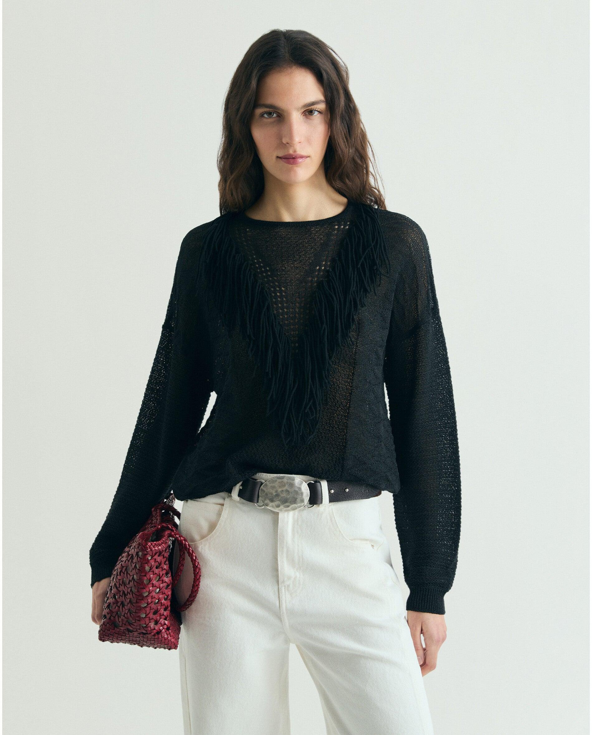 Scalpers - Jersey de mujer con flecos y detalles calados.