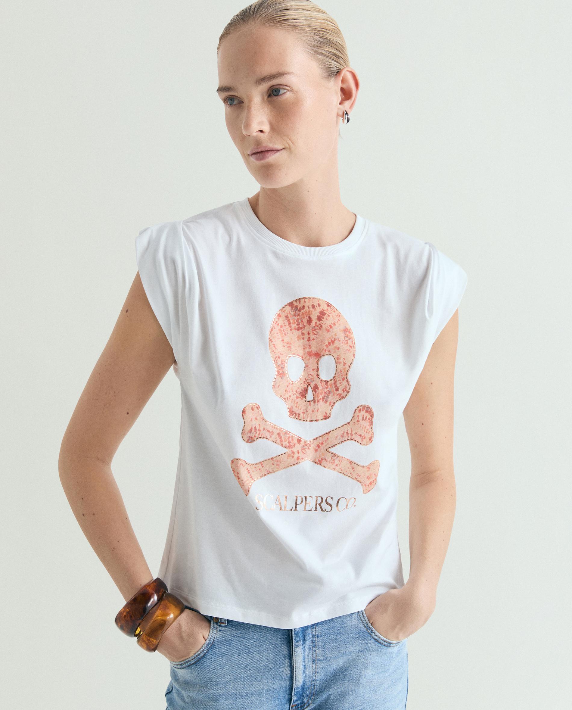 Scalpers - Camiseta de mujer sin manga con calavera frontal.