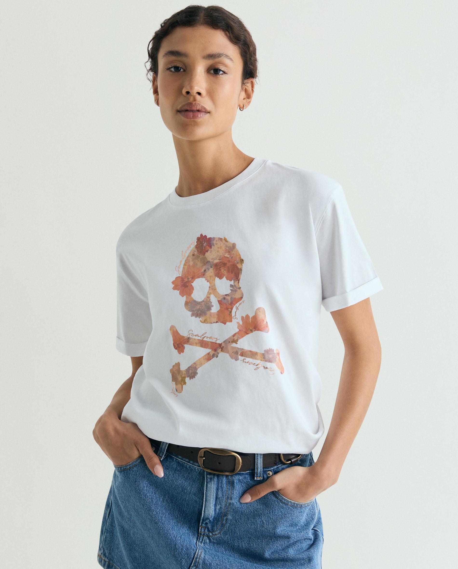 Scalpers - Camiseta de mujer de manga corta con calavera frontal.