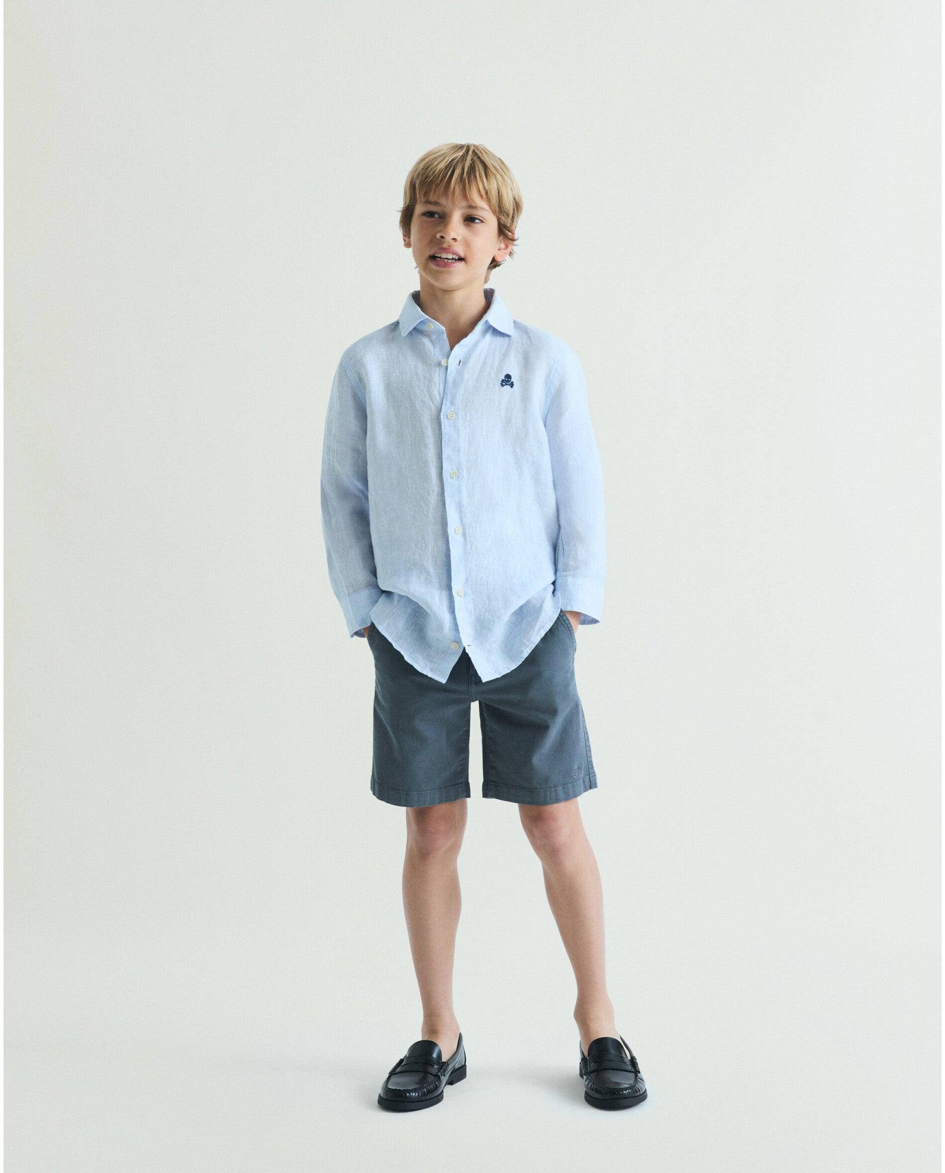 Camisa de niño 100% lino de manga larga - Scalpers - Azul Azul-3