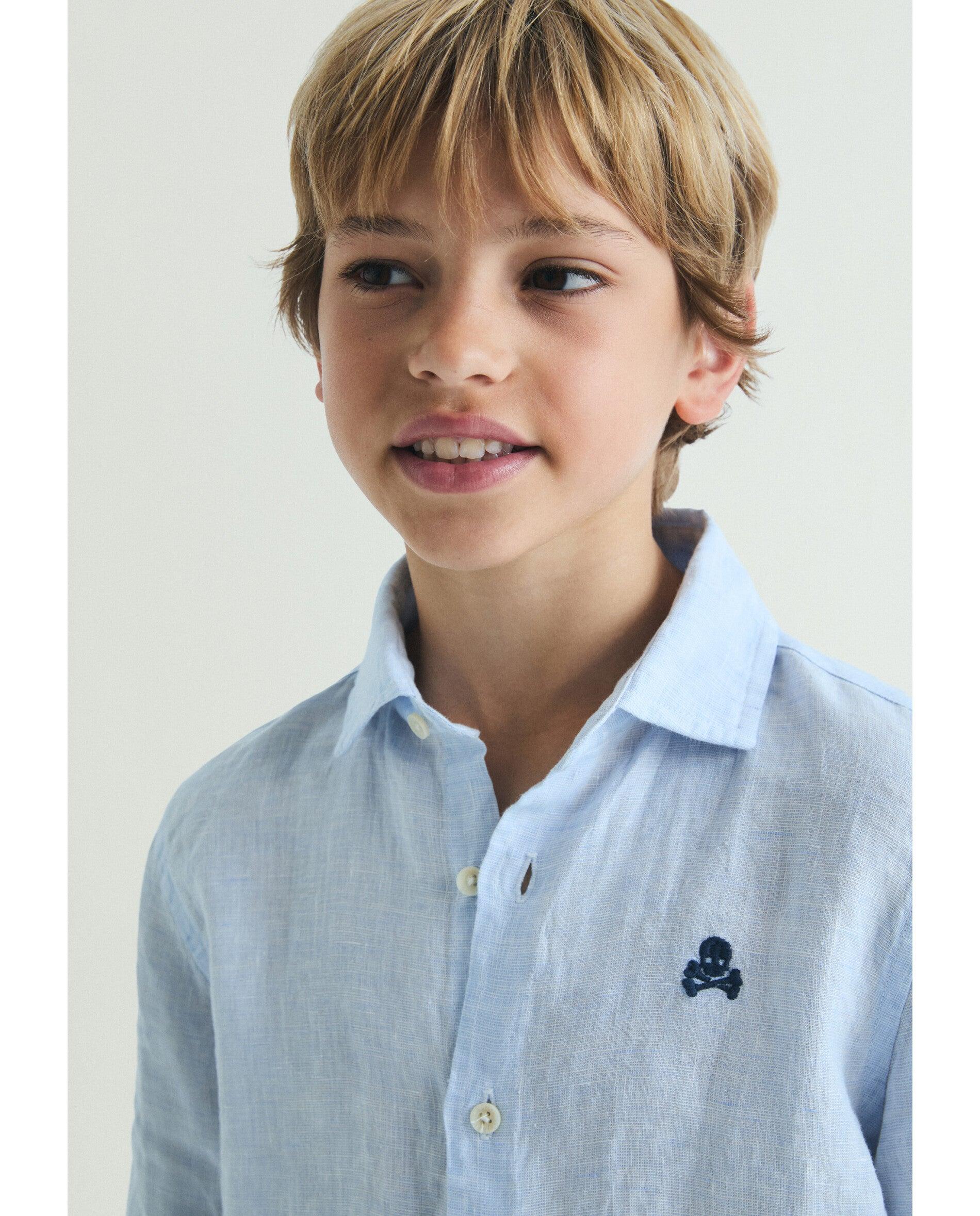 Camisa de niño 100% lino de manga larga - Scalpers - Azul Azul-4