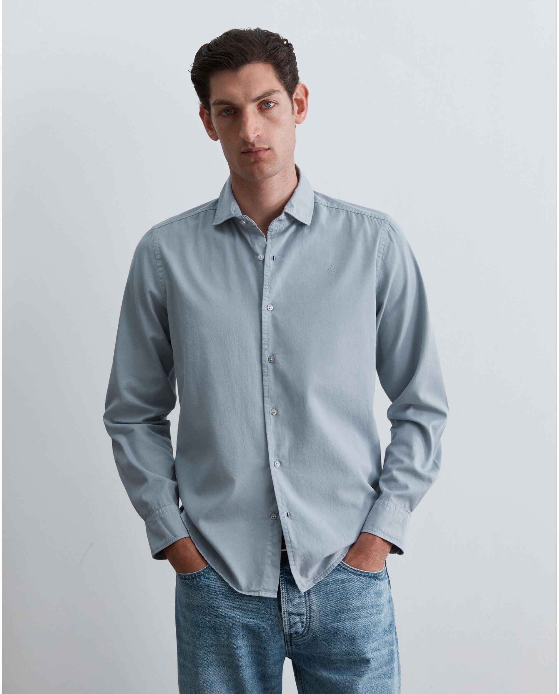 Camisa de hombre regular fit con calavera bordada a tono - Scalpers - Azul grisáceo Azul grisáceo-1