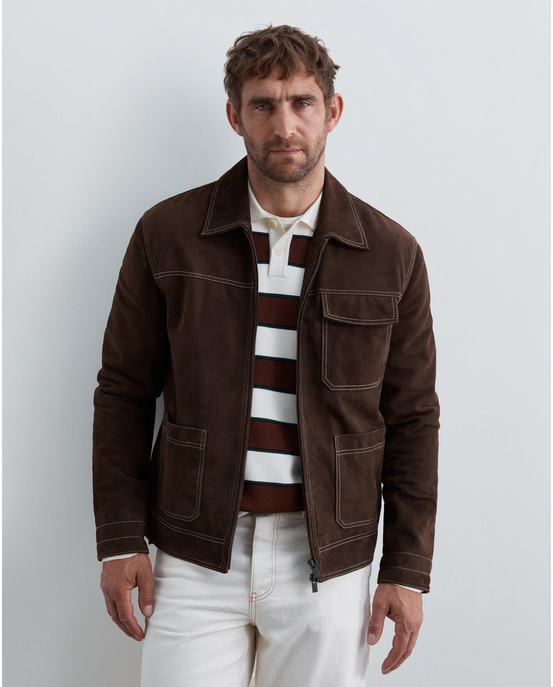 Cazadora de piel de hombre con cuello camisero y costuras a contraste - Scalpers - Marrón Marrón-1