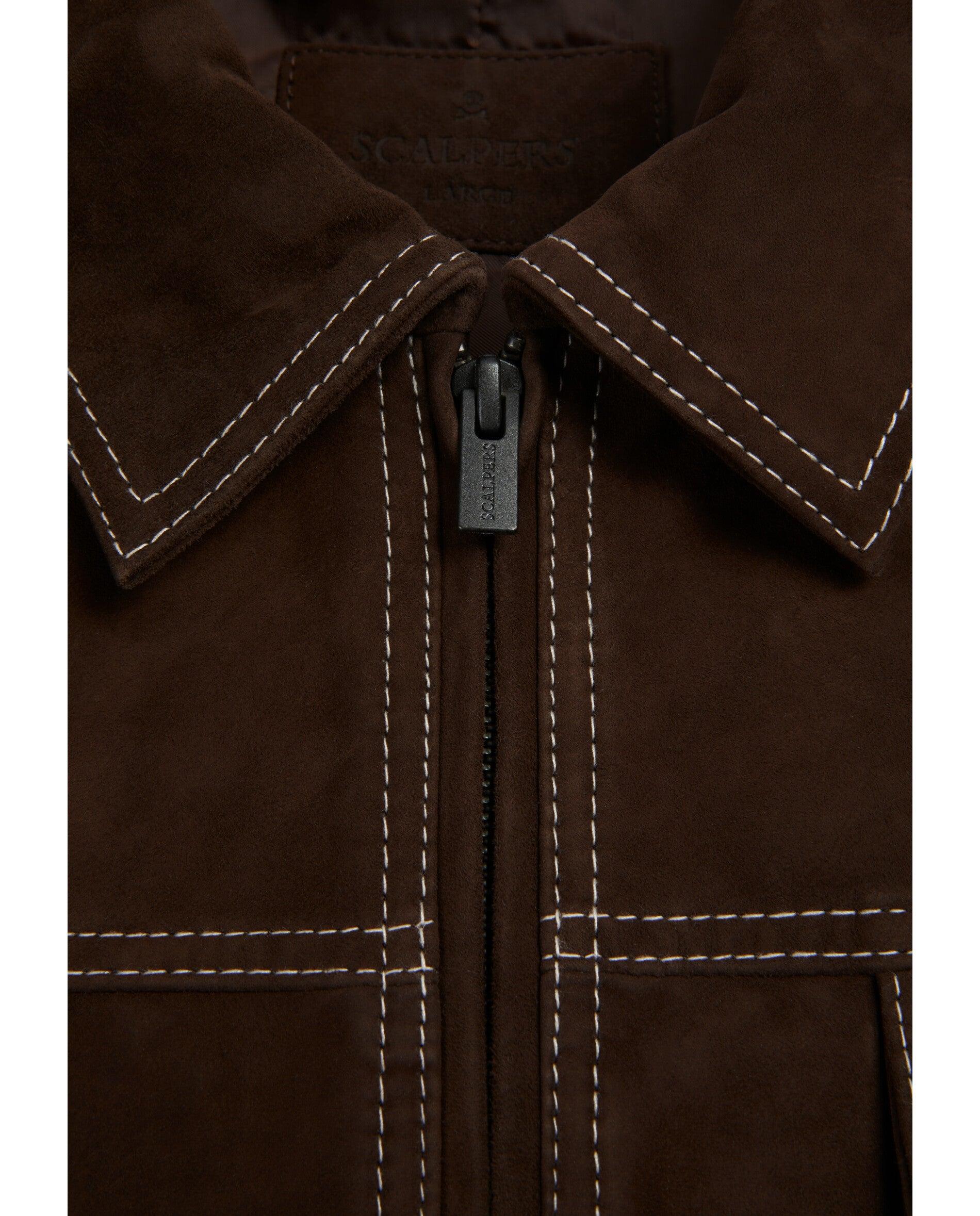 Cazadora de piel de hombre con cuello camisero y costuras a contraste - Scalpers - Marrón Marrón-8