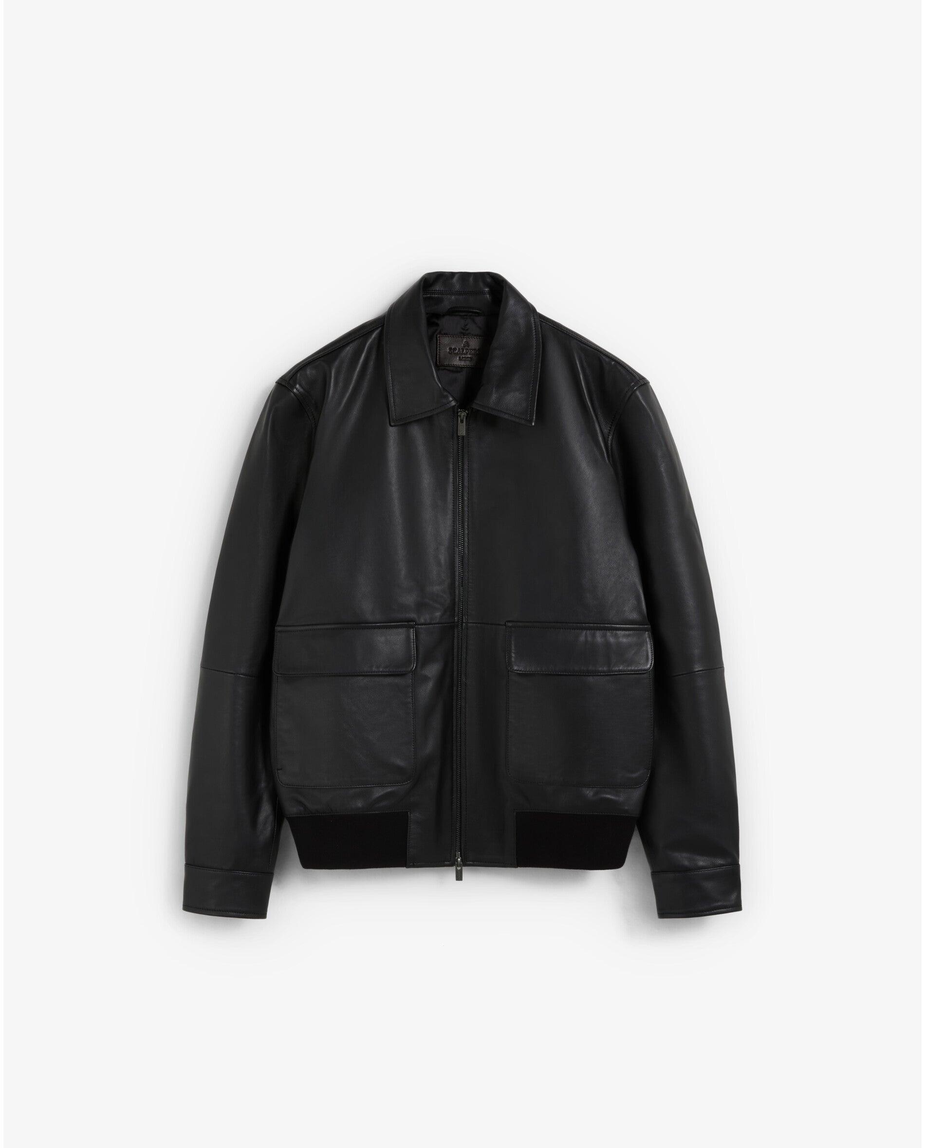 Imagen 0 de Chaqueta de piel de hombre con cuello camisero y cierre de cremallera Negro