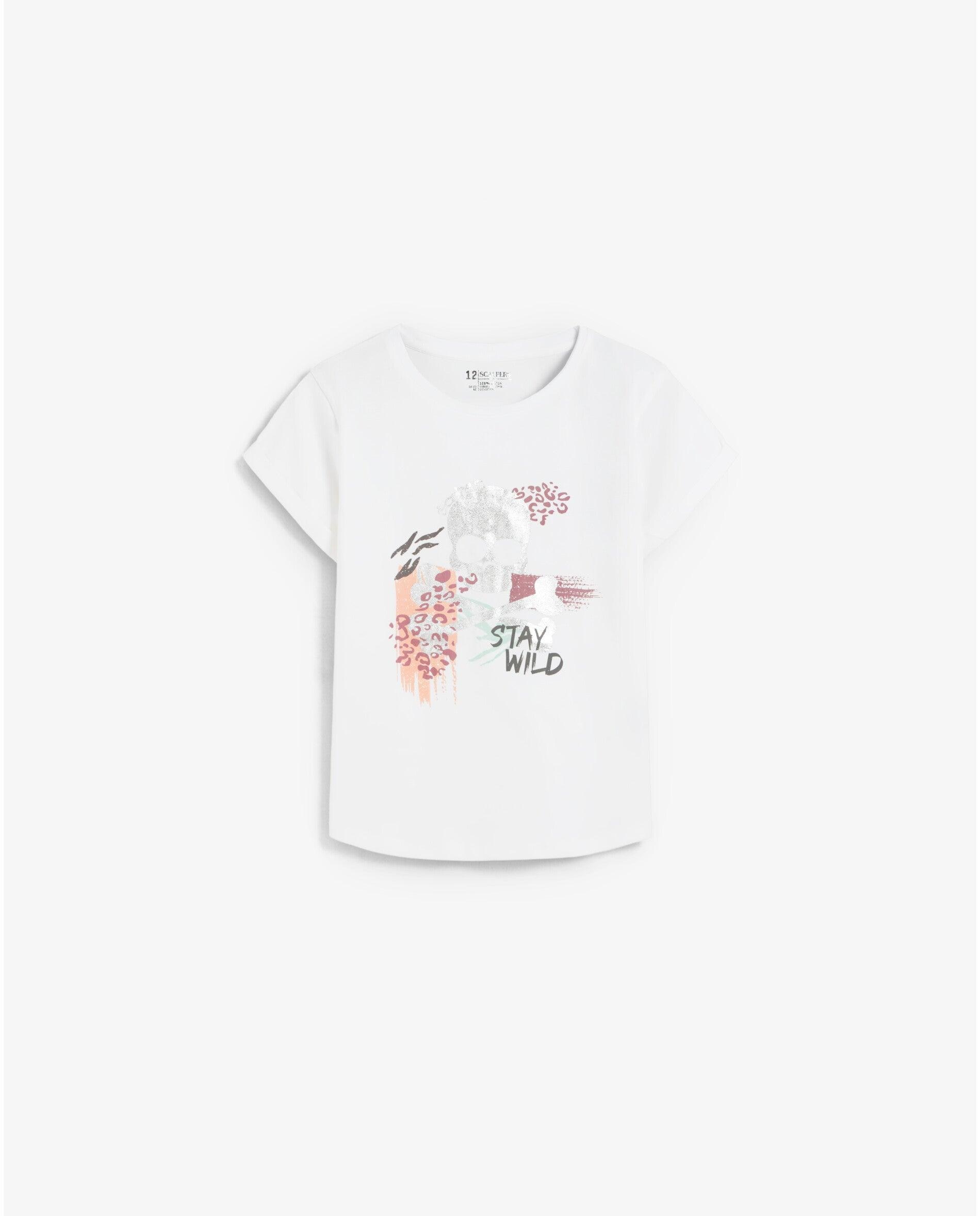 Imagen 0 de Camiseta de niña corta con estampado frontal y calavera en glitter Blanco