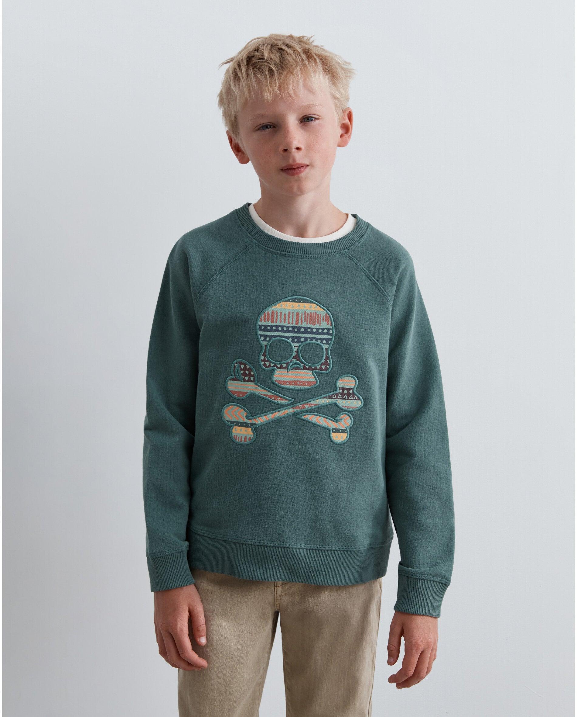Sudadera de niño con cuello redondo y parche frontal en forma de calavera - Scalpers - Verde grisáceo Verde grisáceo-1