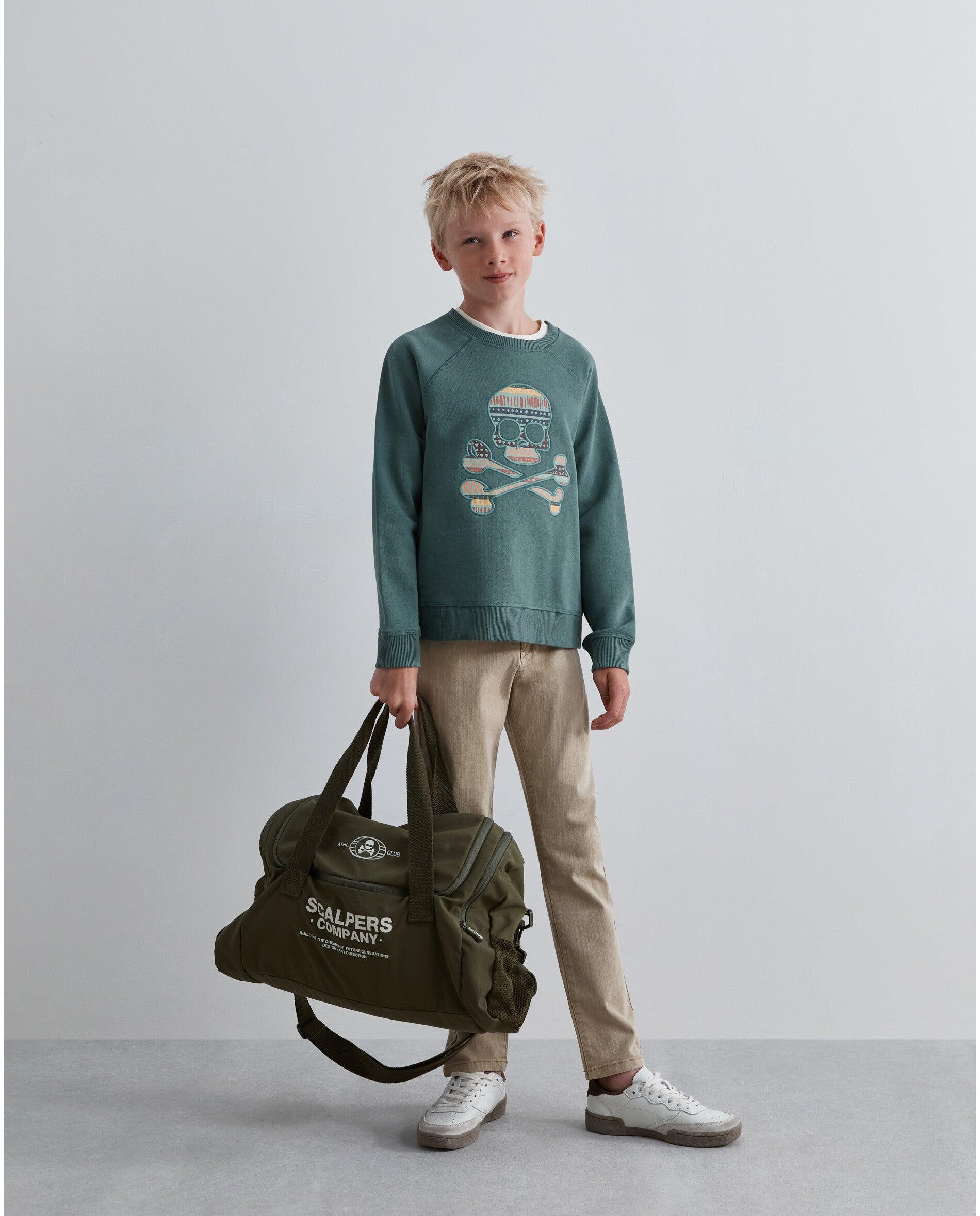 Sudadera de niño con cuello redondo y parche frontal en forma de calavera - Scalpers - Verde grisáceo Verde grisáceo-3