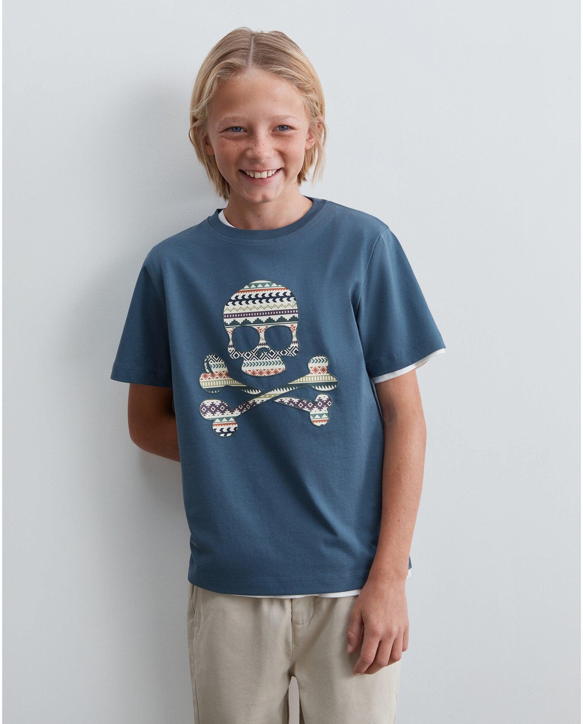 Camiseta de niño de manga corta con calavera frontal estampada - Scalpers - Azul índigo Azul índigo-1
