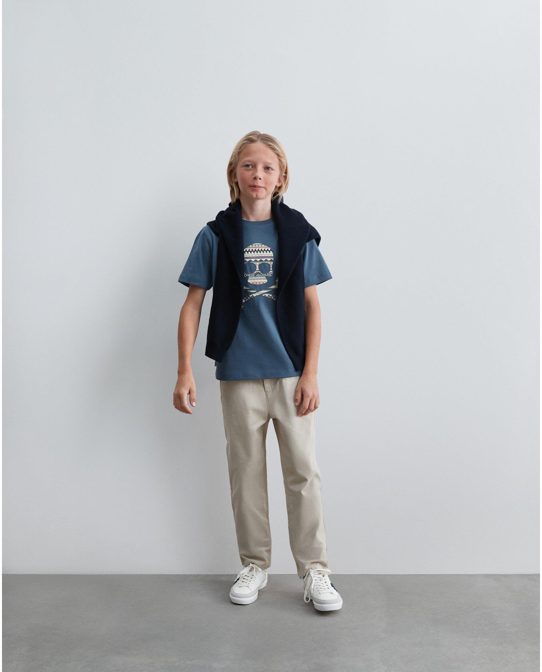 Camiseta de niño de manga corta con calavera frontal estampada - Scalpers - Azul índigo Azul índigo-3