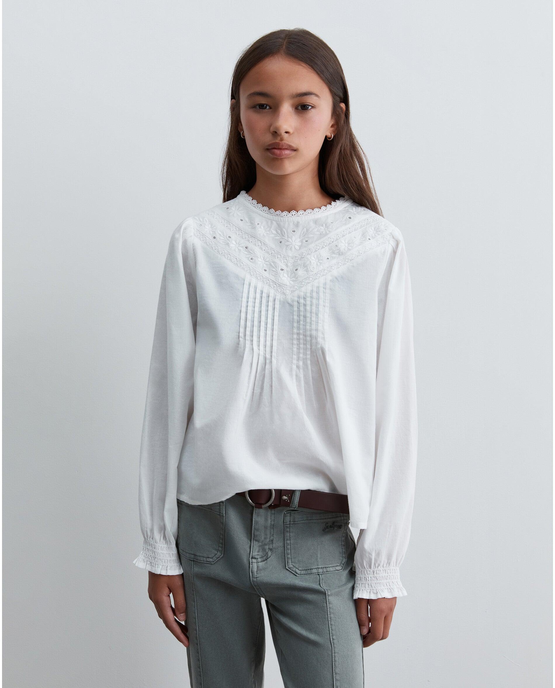 Blusa de niña de manga larga con puños fruncidos - Scalpers - Blanco Blanco-1