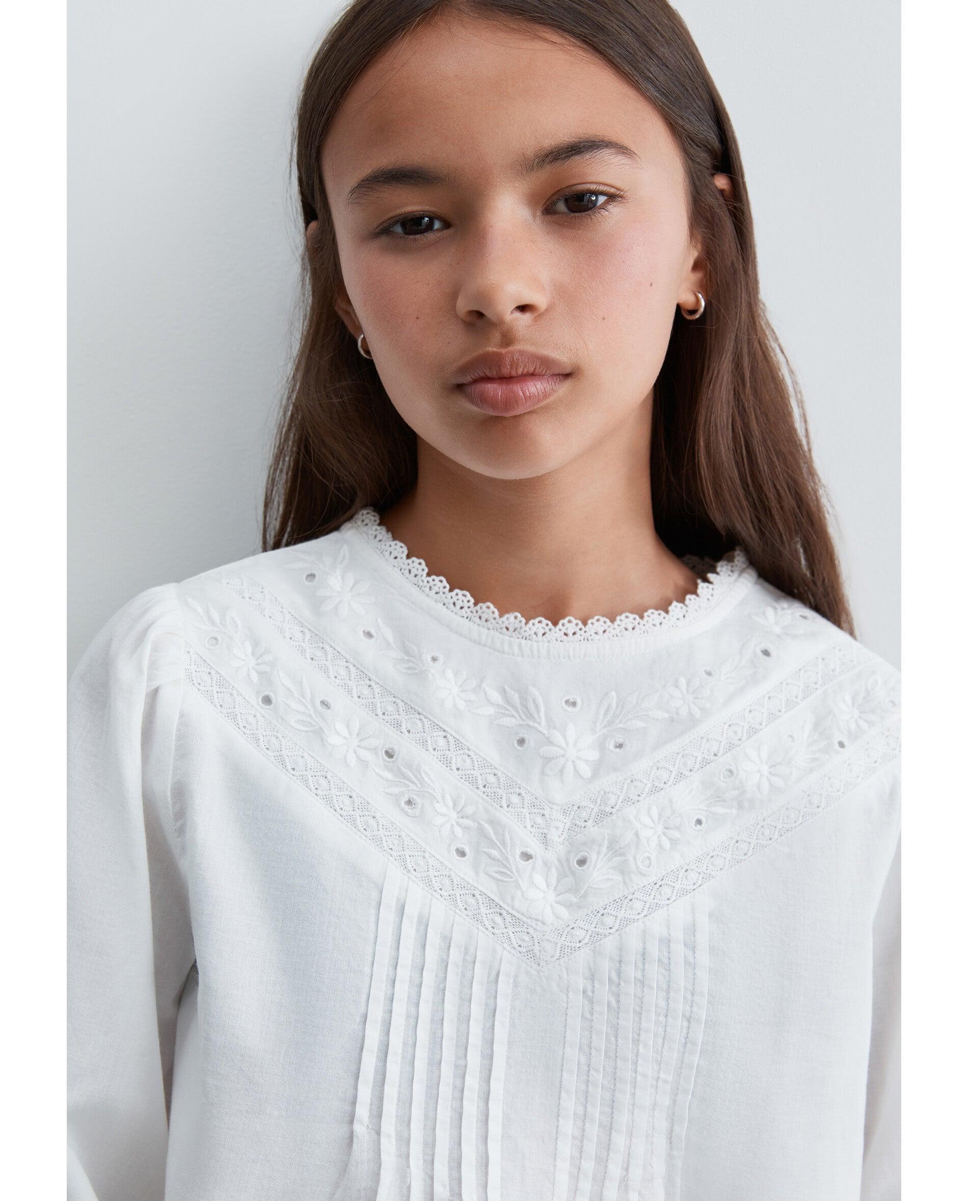 Blusa de niña de manga larga con puños fruncidos - Scalpers - Blanco Blanco-4