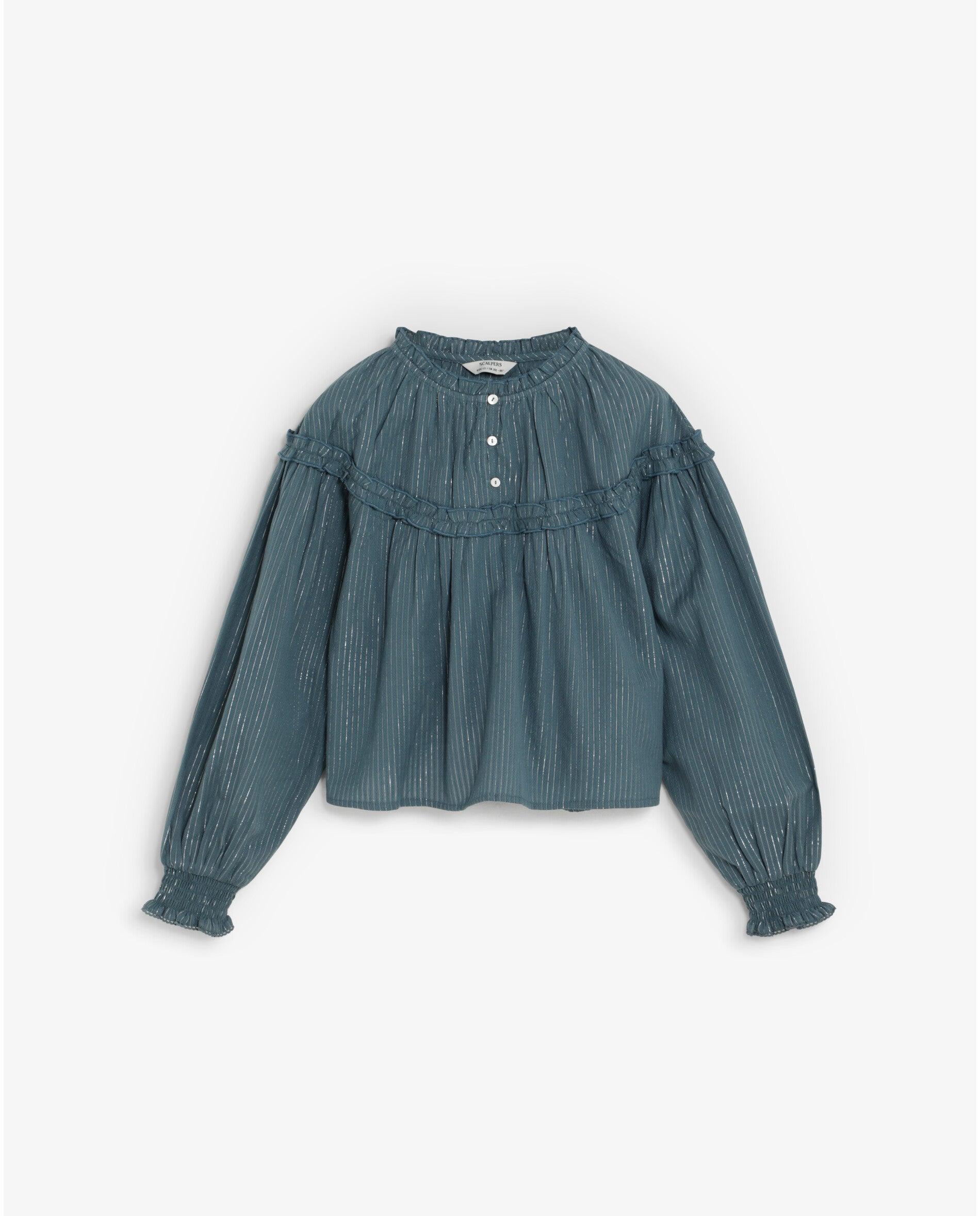 Blusa de niña en tejido a rayas en lurex con volantes - Scalpers - Azul grisáceo Azul grisáceo-1