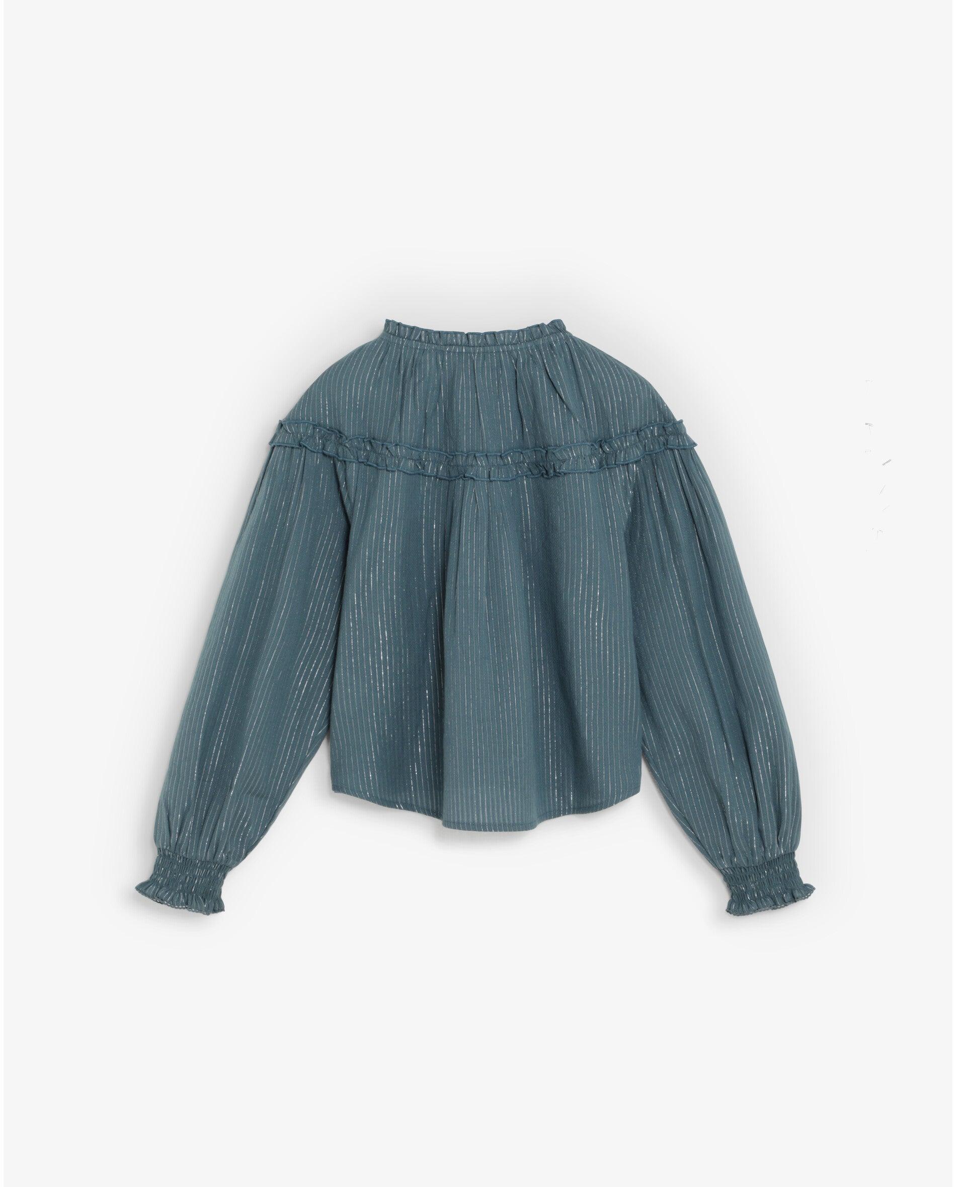 Blusa de niña en tejido a rayas en lurex con volantes - Scalpers - Azul grisáceo Azul grisáceo-2