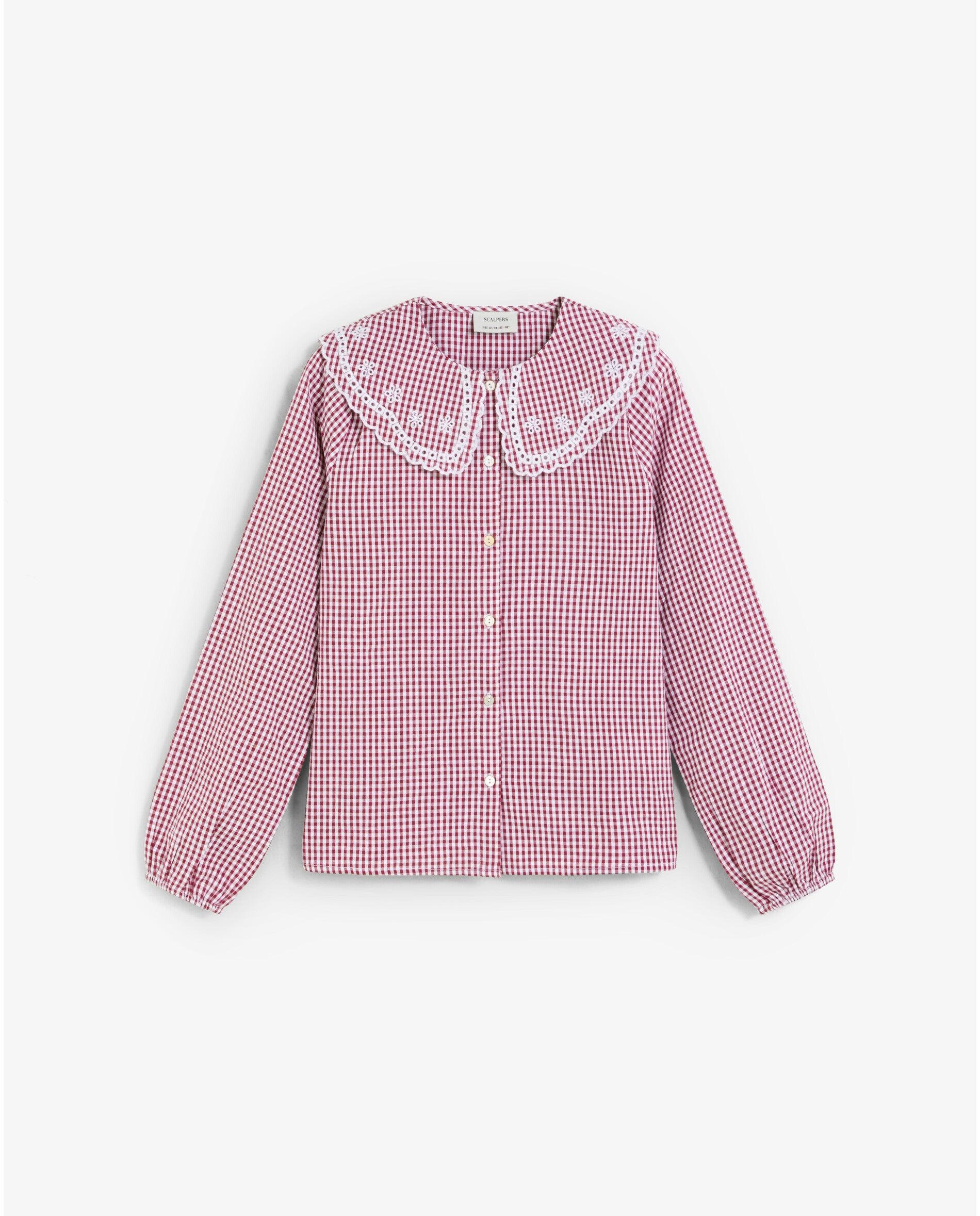 Imagen 0 de Blusa de niña con estampado vichy y cuello de bebé Burdeos