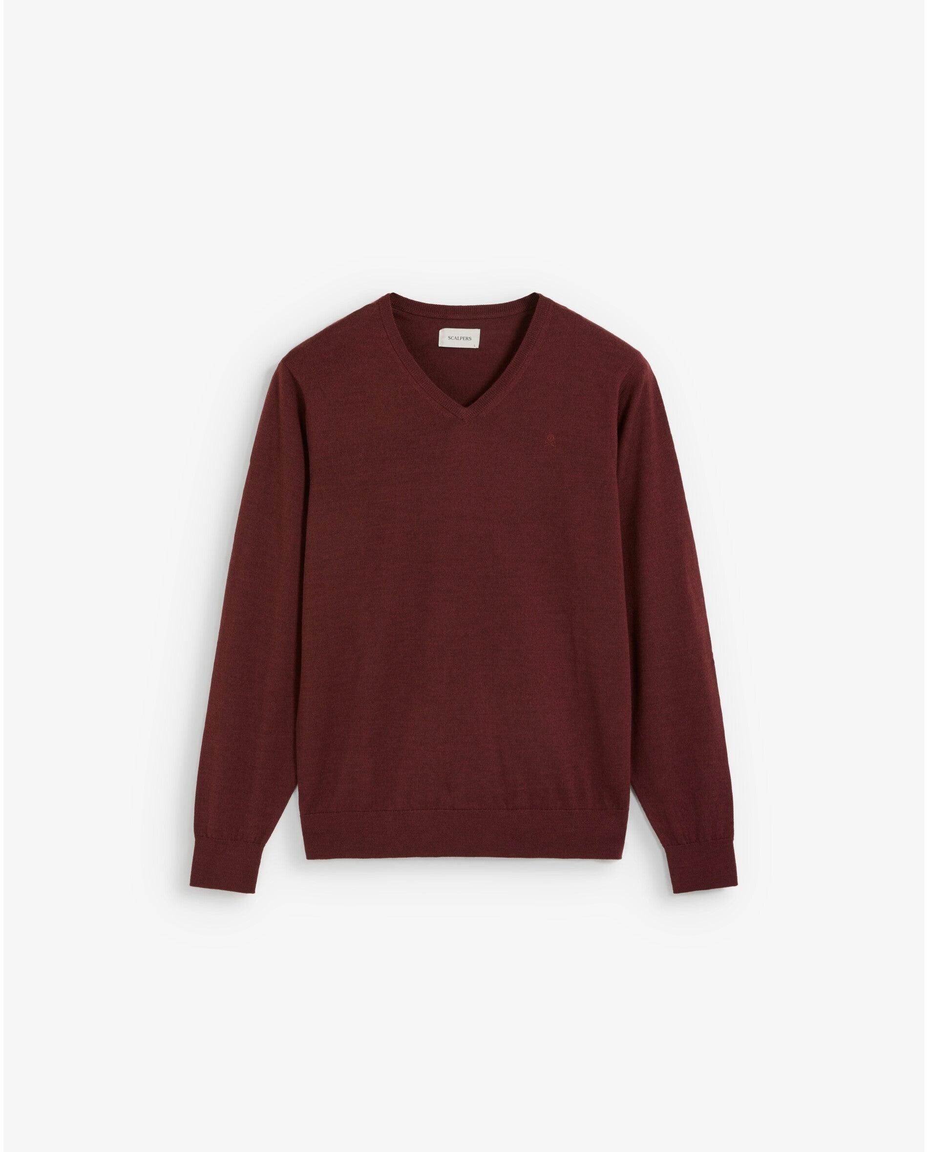 Jersey de hombre de lana merino con cuello de pico - Scalpers - Burdeos Burdeos-1