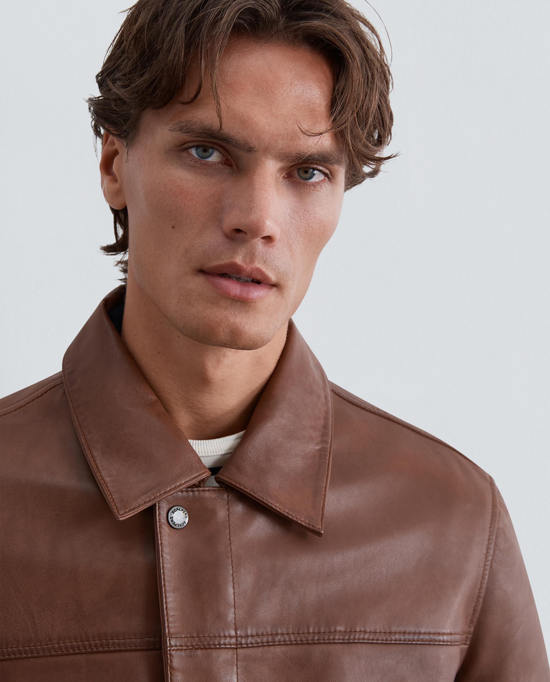 Chaqueta de piel de hombre con cuello camisero y botones a presión - Scalpers - Marrón claro Marrón claro-7