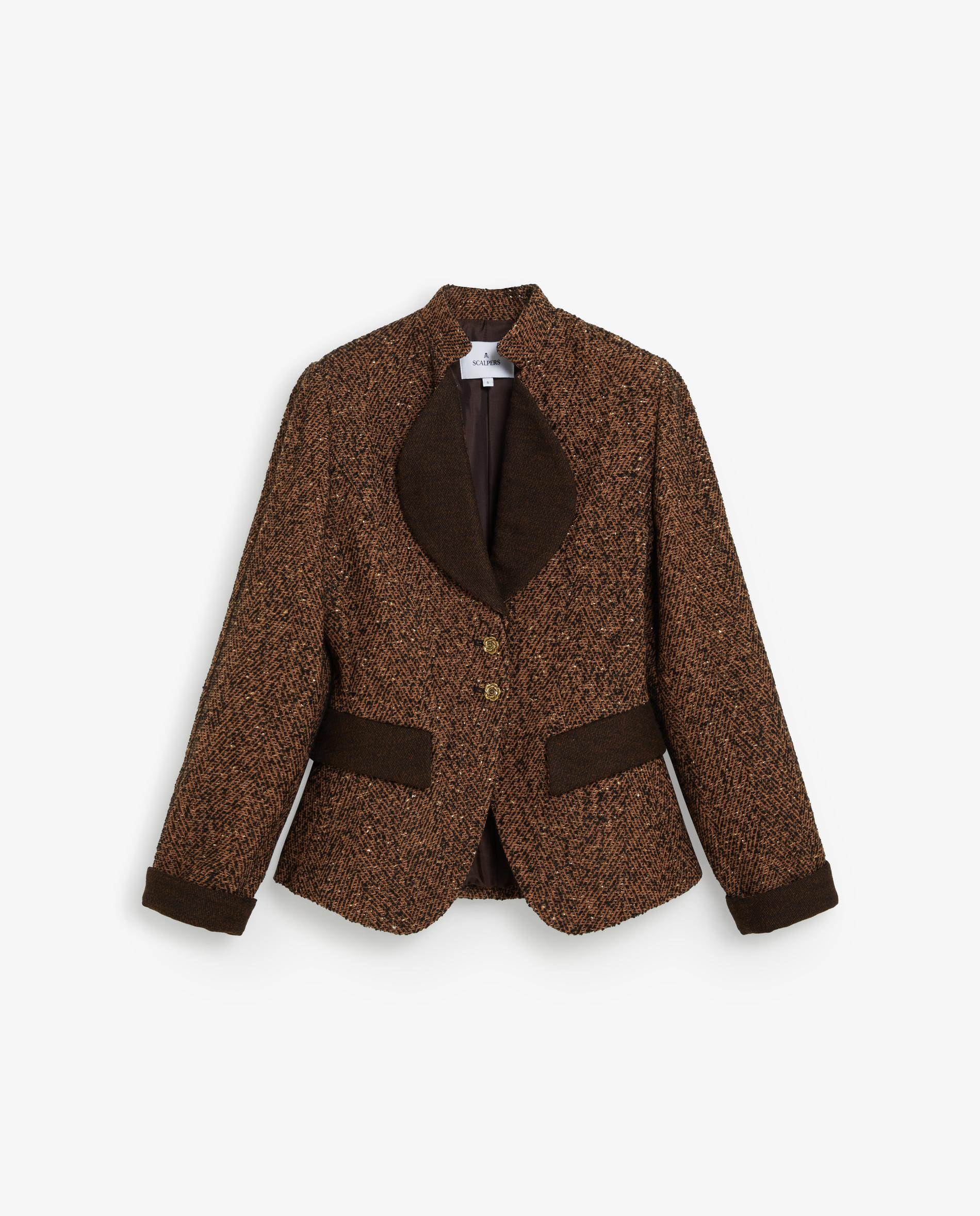 Blazer de mujer en tejido de espiga con contrastes - Scalpers - Marrón Marrón-1