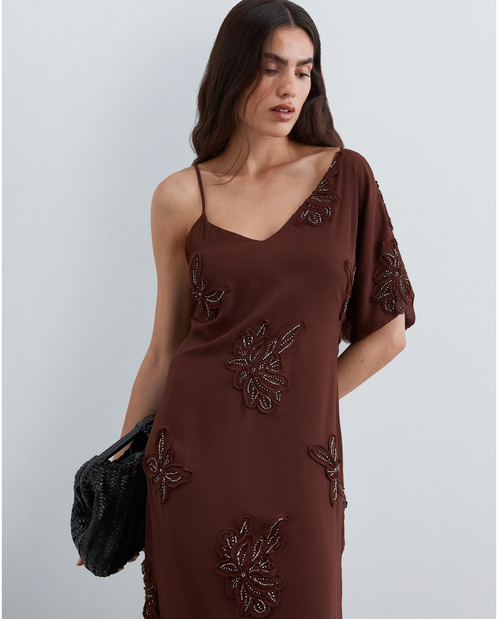 Vestido midi asimétrico con escote en pico - Scalpers - Caoba Caoba-2