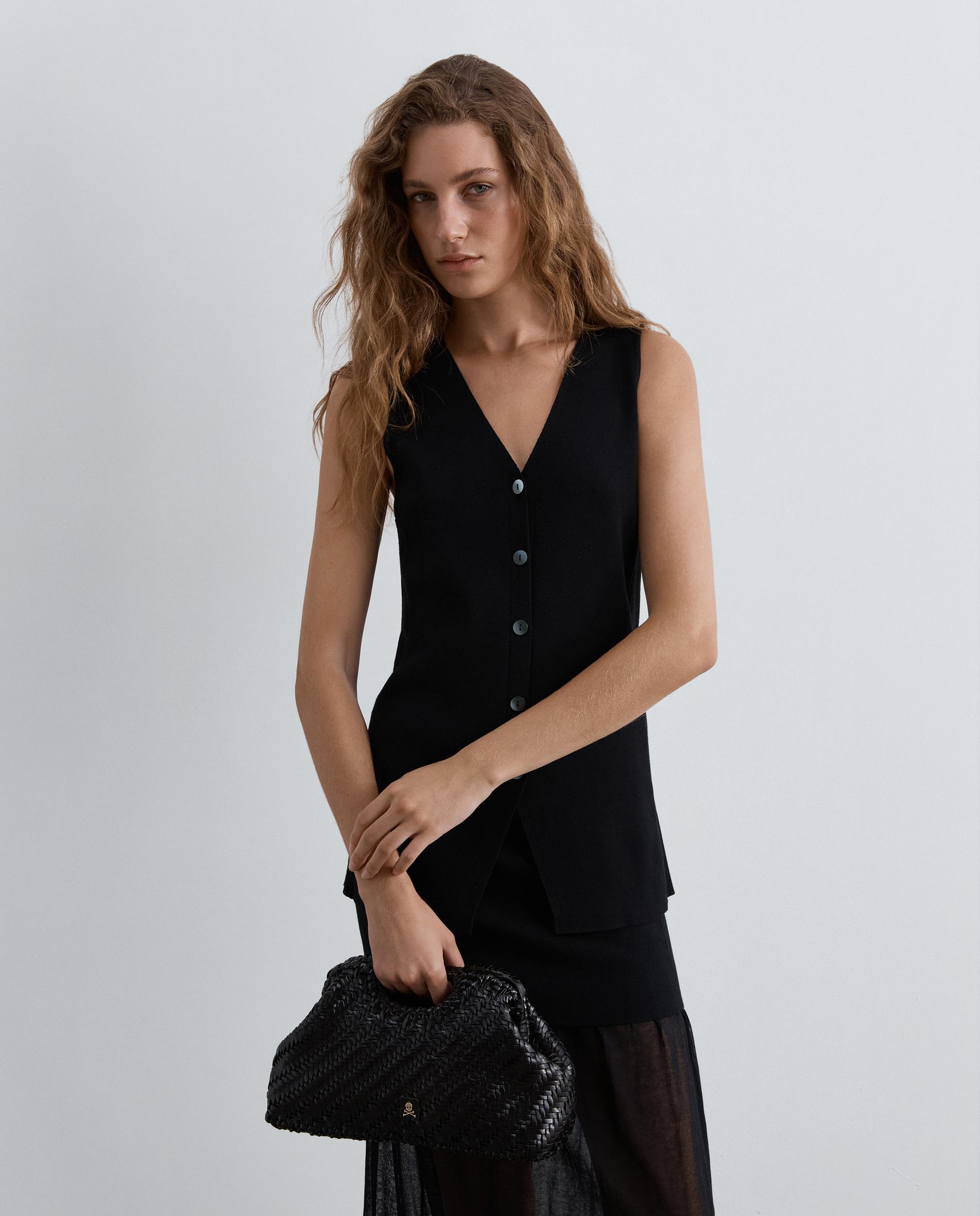 Chaleco de mujer de punto fino con escote de pico - Scalpers - Negro Negro-1