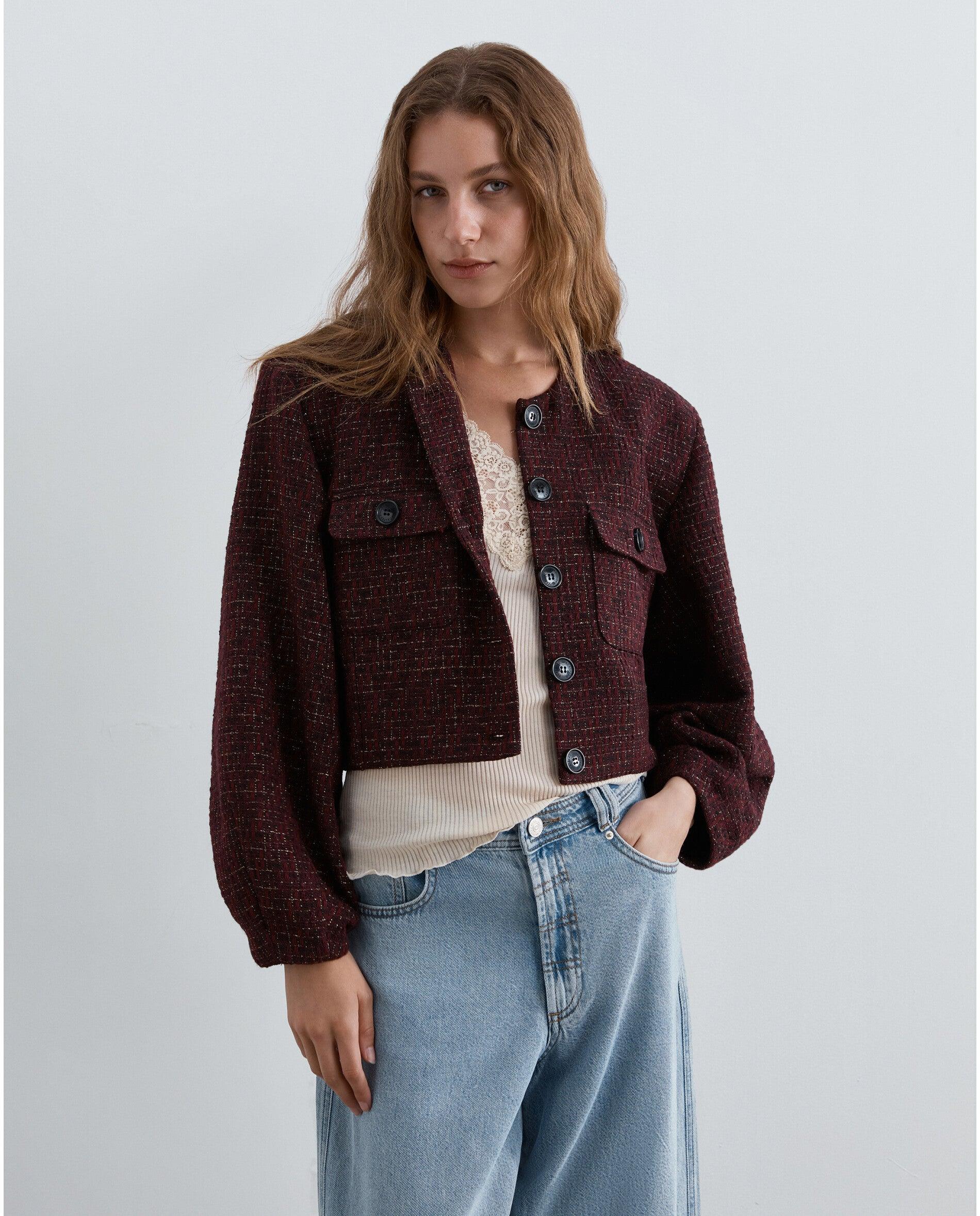 Chaqueta de mujer en tweed con hilo metalizado - Scalpers - Burdeos Burdeos-1