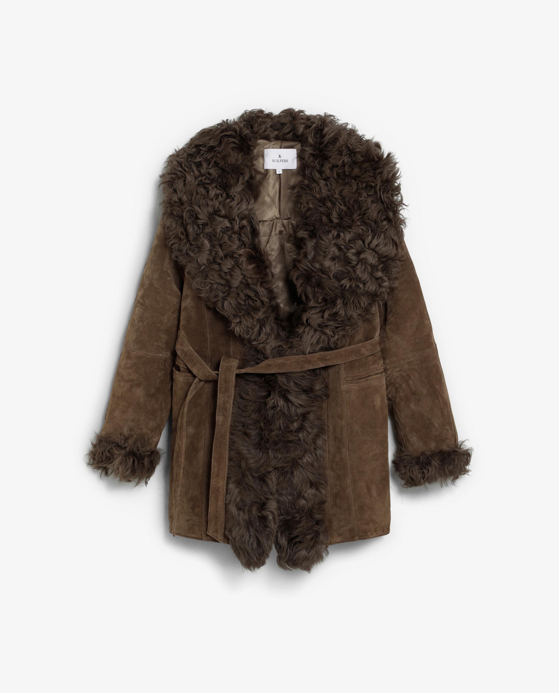 Abrigo de cuero de mujer forrado con cuello y puños de lana - Scalpers - Marrón Marrón-1