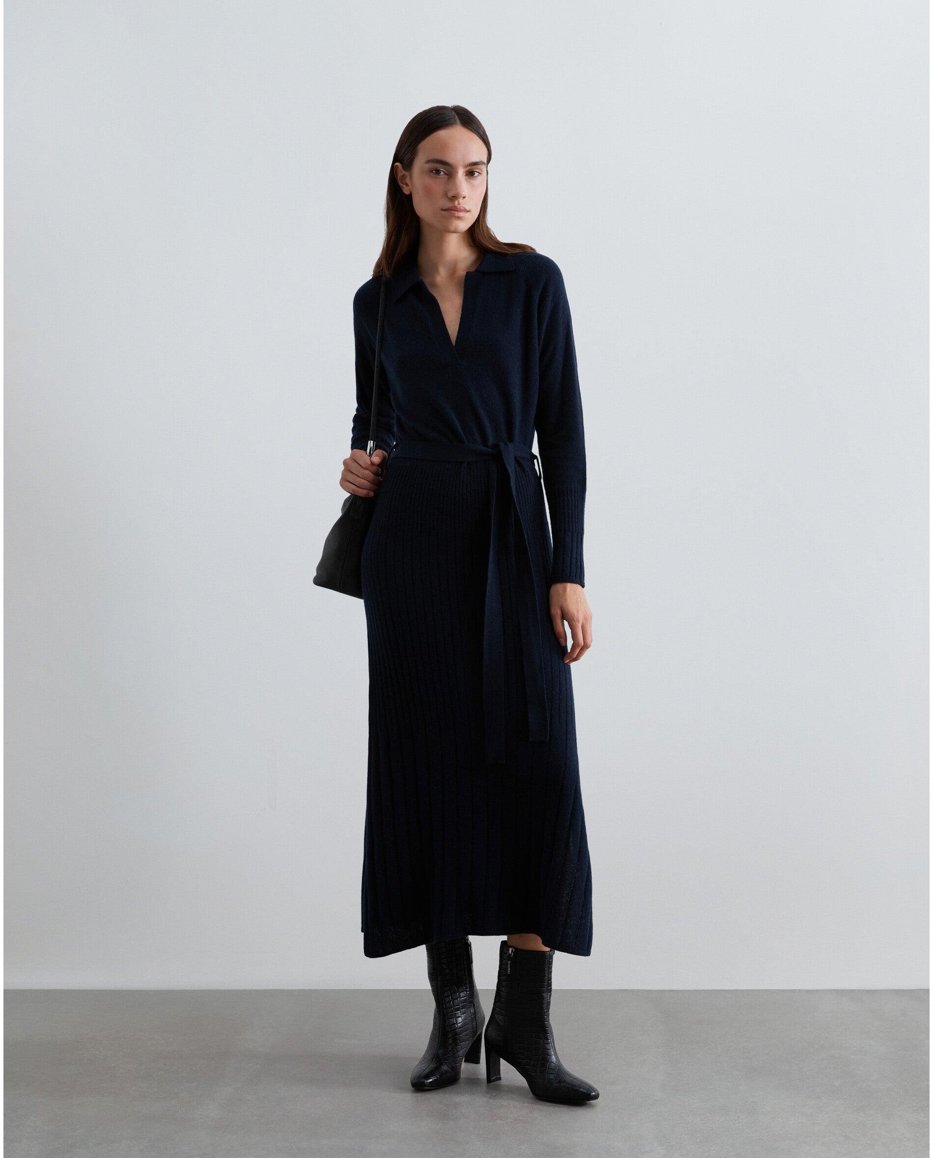 Vestido de punto midi con cuello polo y cinturón - Scalpers - Navy Navy-1