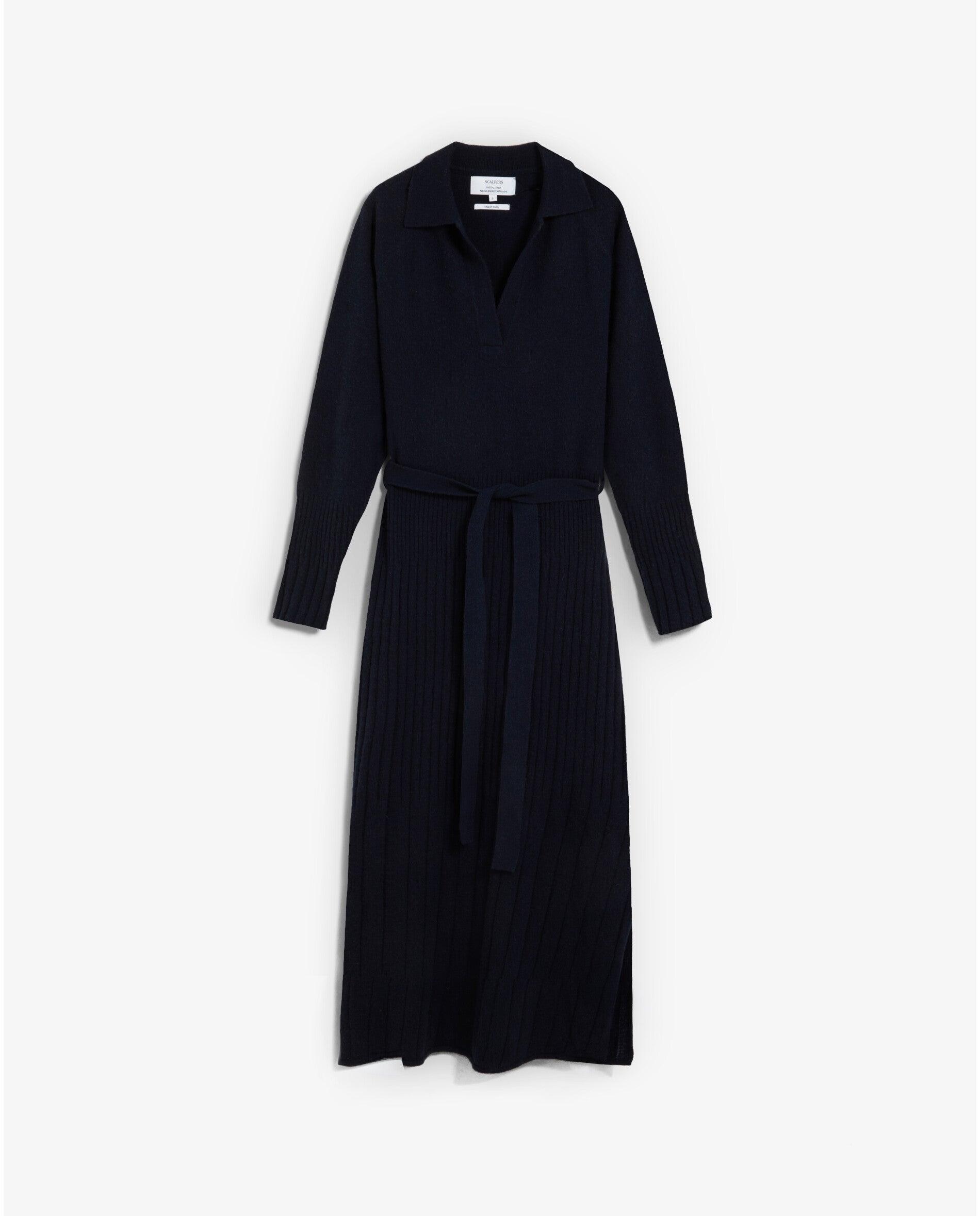 Vestido de punto midi con cuello polo y cinturón - Scalpers - Navy Navy-7
