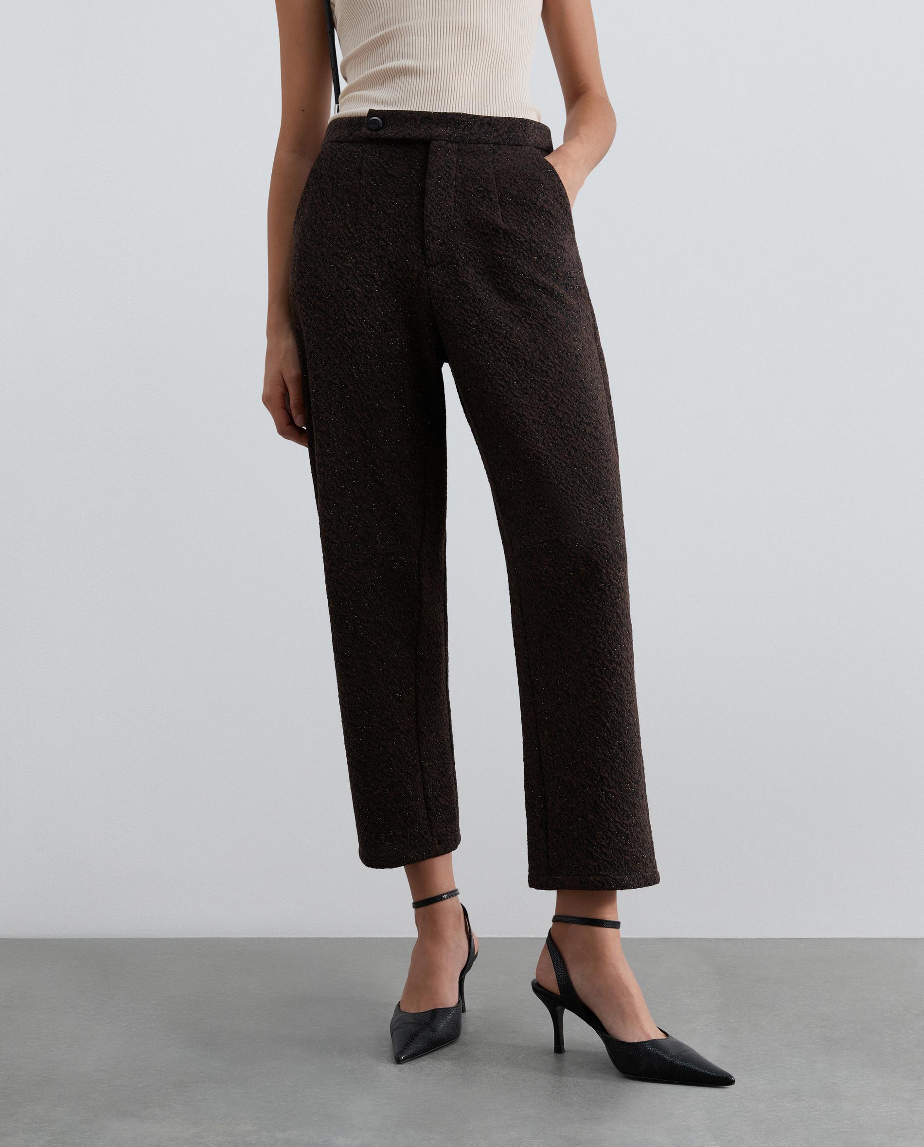Pantalón recto de mujer de hilo metalizado y botón desplazado - Scalpers - Marrón Marrón-2