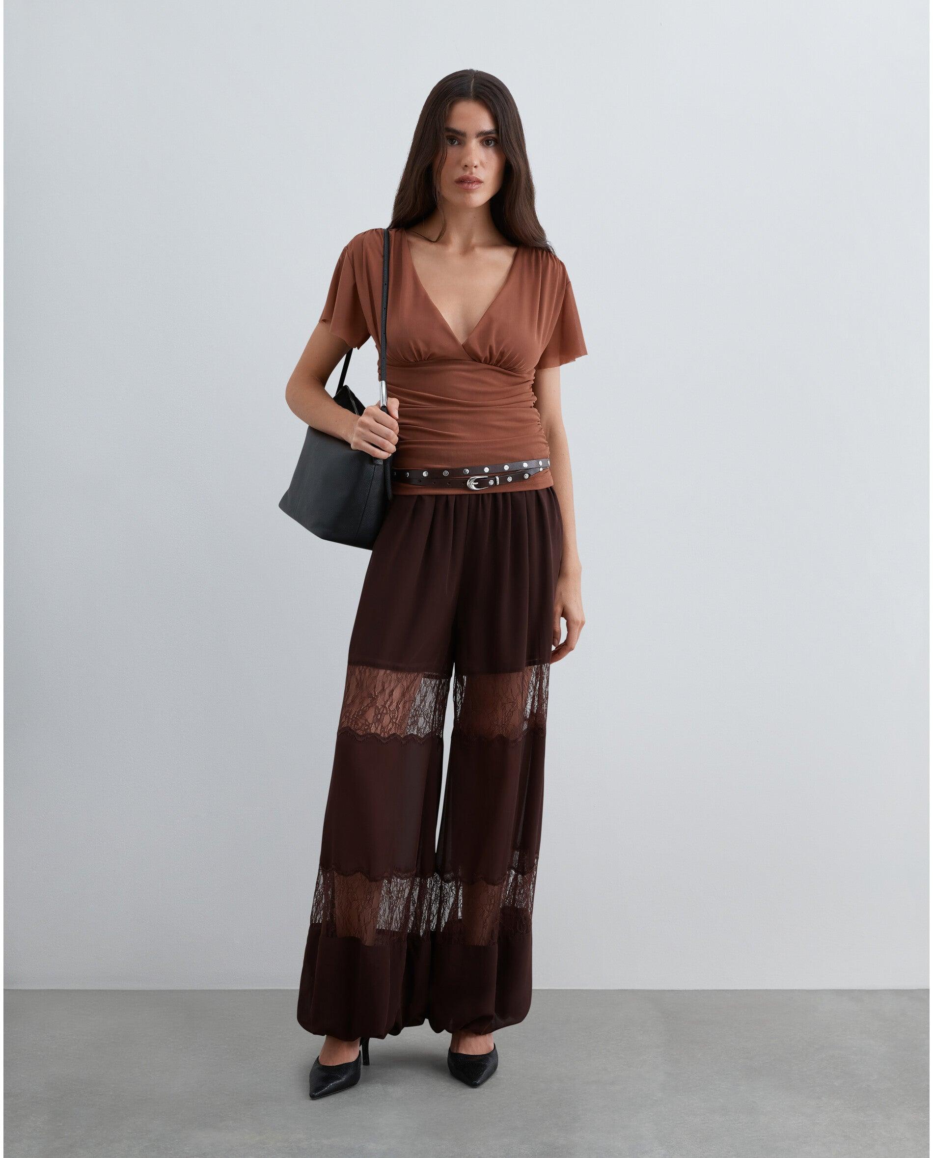 Pantalón ancho de mujer estilo bombacho con encaje - Scalpers - Marrón chocolate Marrón chocolate-1