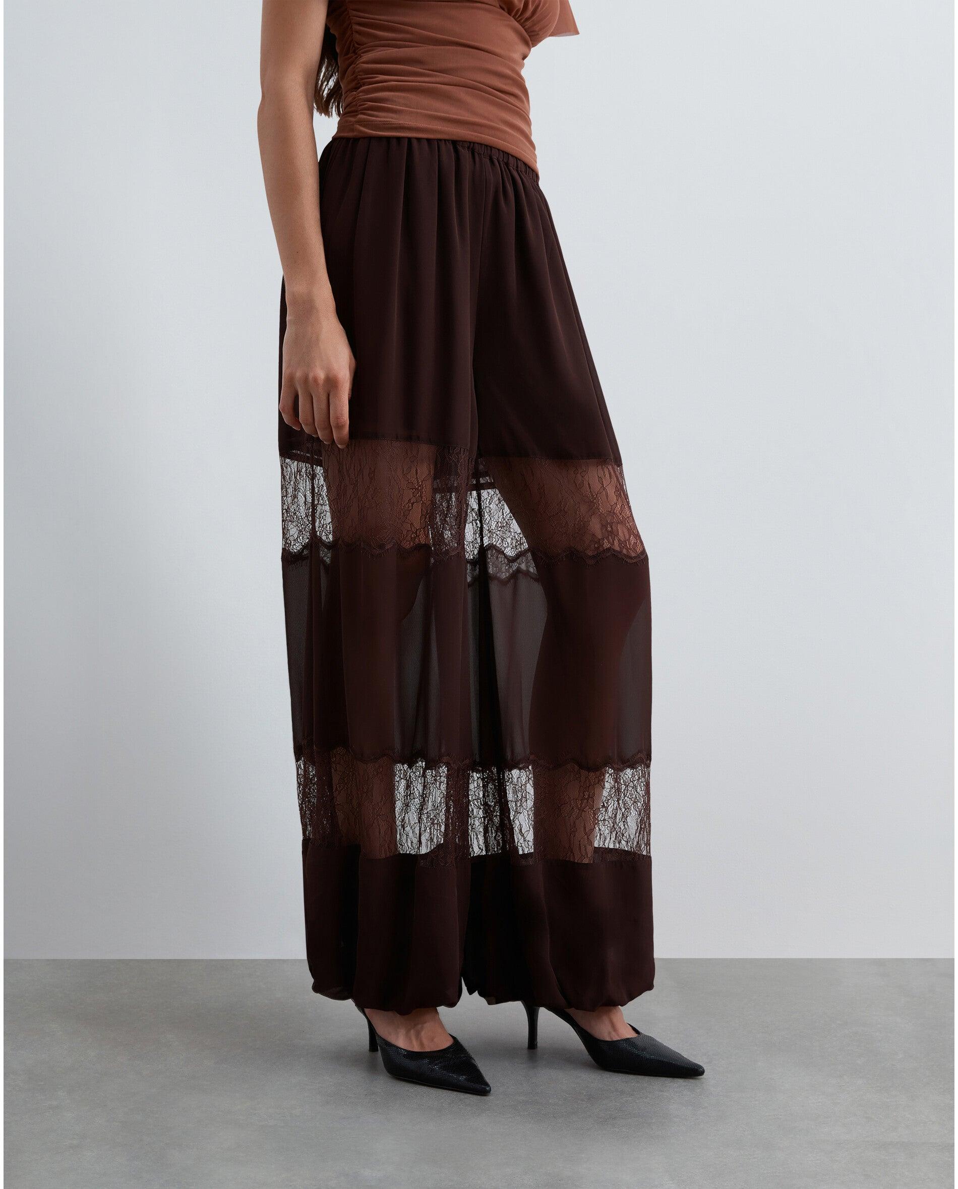 Pantalón ancho de mujer estilo bombacho con encaje - Scalpers - Marrón chocolate Marrón chocolate-2