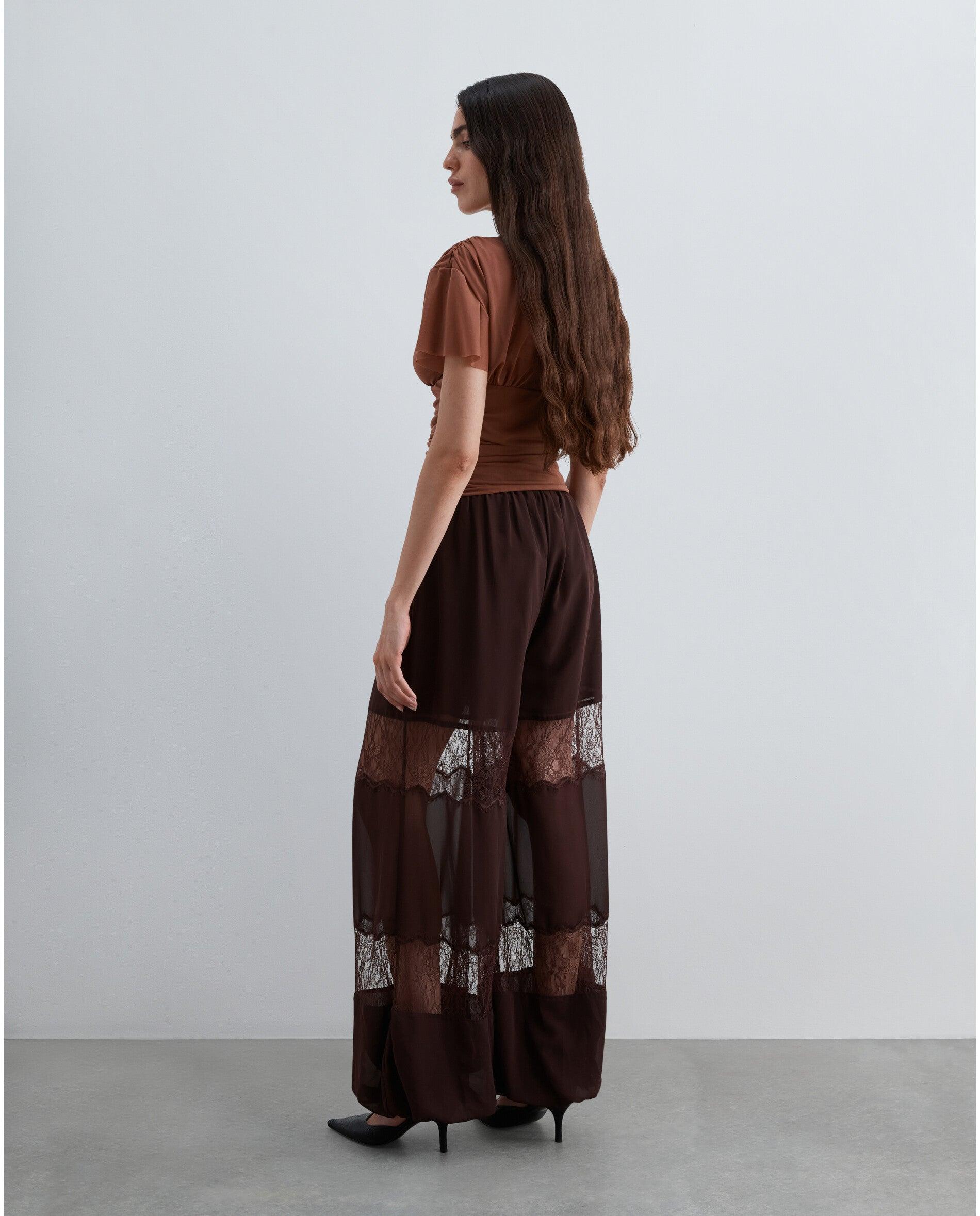 Pantalón ancho de mujer estilo bombacho con encaje - Scalpers - Marrón chocolate Marrón chocolate-3