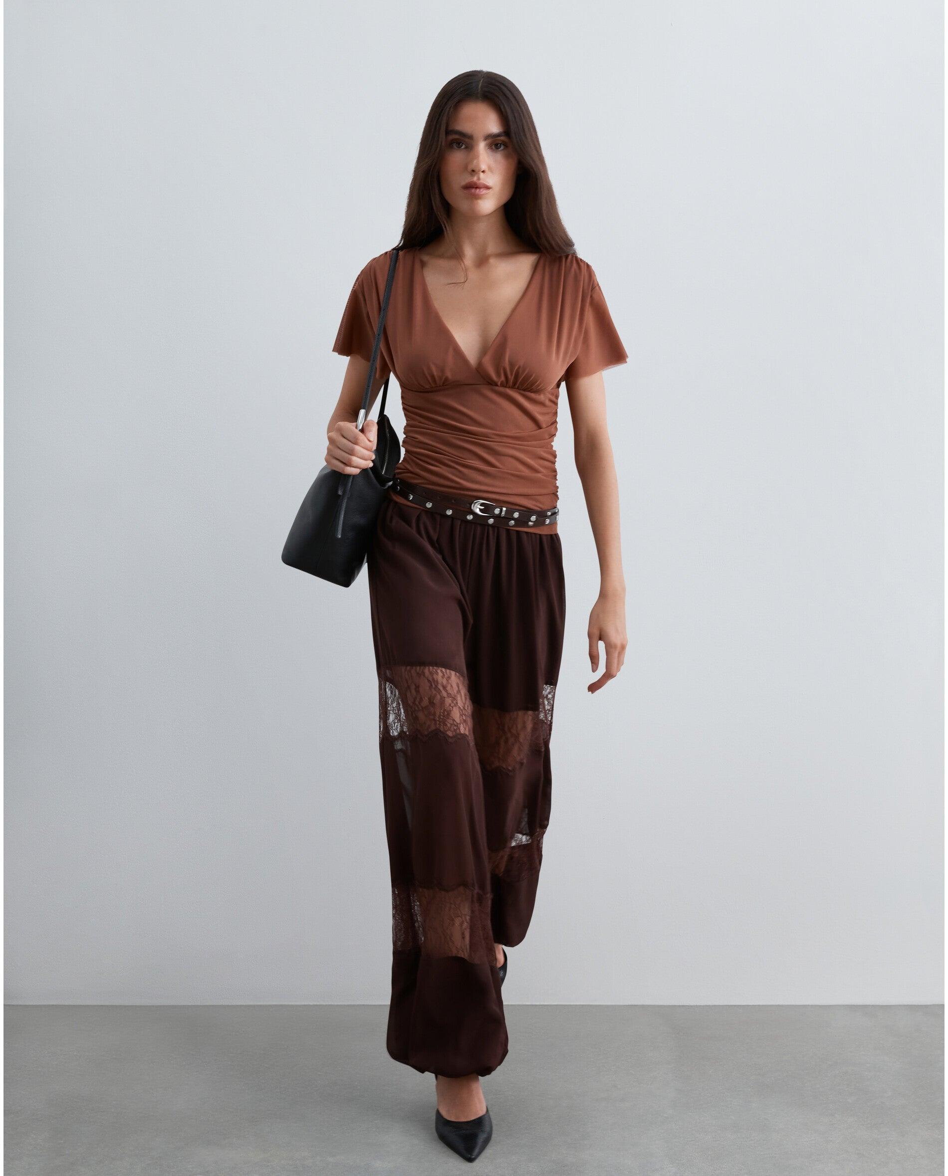 Pantalón ancho de mujer estilo bombacho con encaje - Scalpers - Marrón chocolate Marrón chocolate-4
