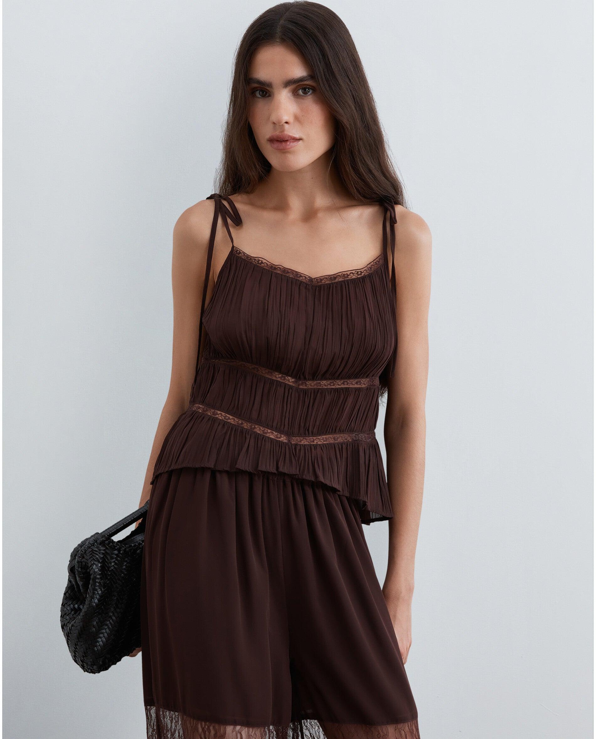 Top de mujer con tejido plisado y encaje - Scalpers - Marrón chocolate Marrón chocolate-1