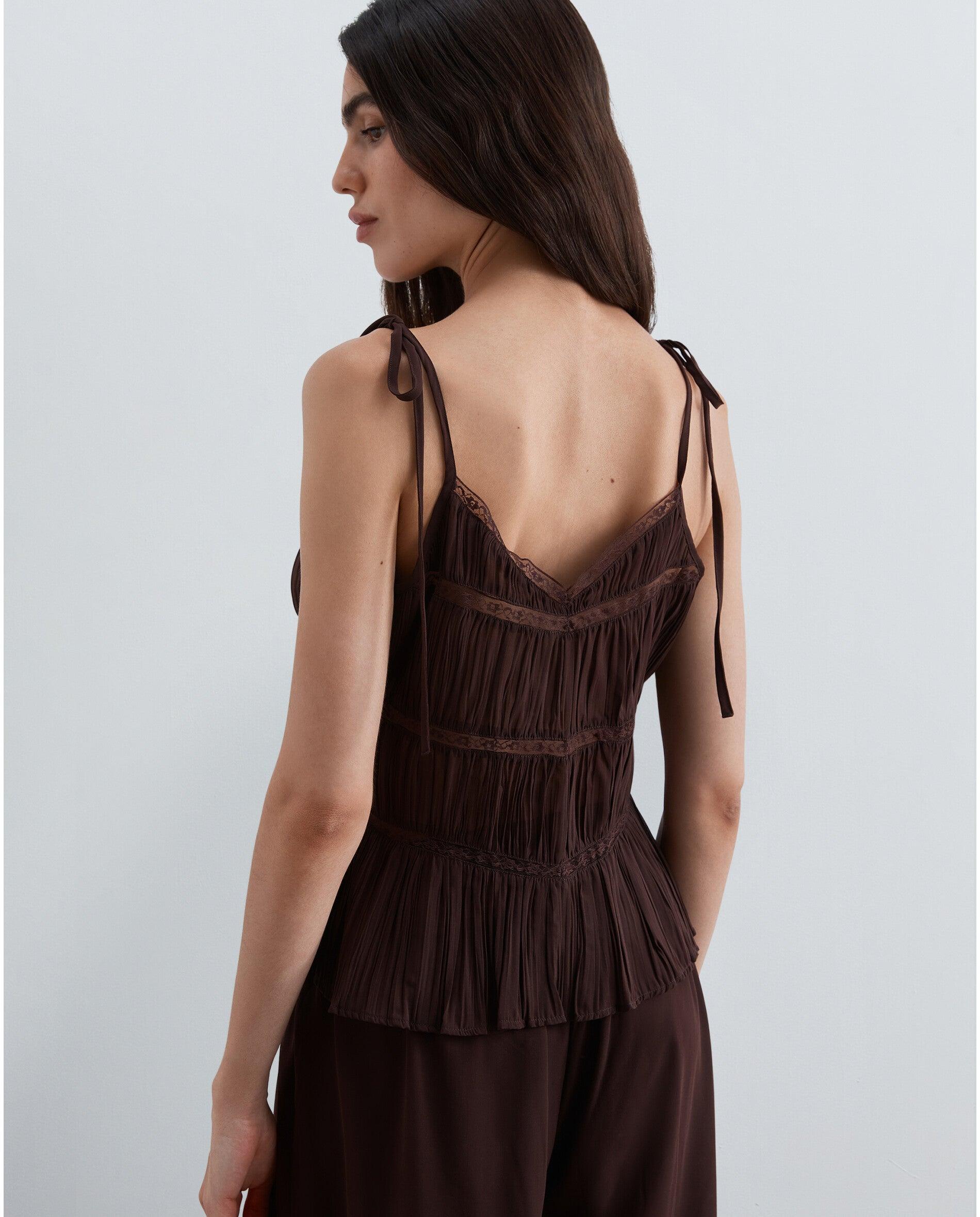 Top de mujer con tejido plisado y encaje - Scalpers - Marrón chocolate Marrón chocolate-3