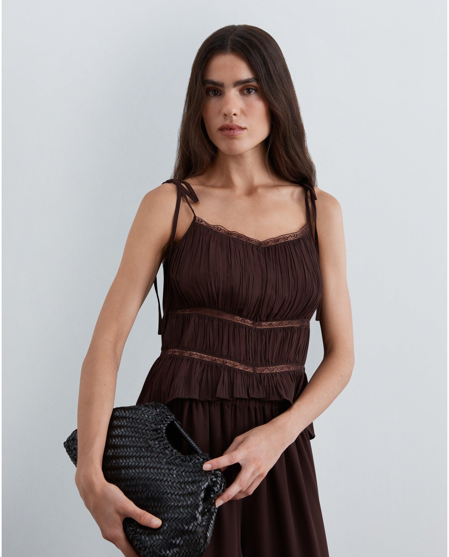 Top de mujer con tejido plisado y encaje - Scalpers - Marrón chocolate Marrón chocolate-4