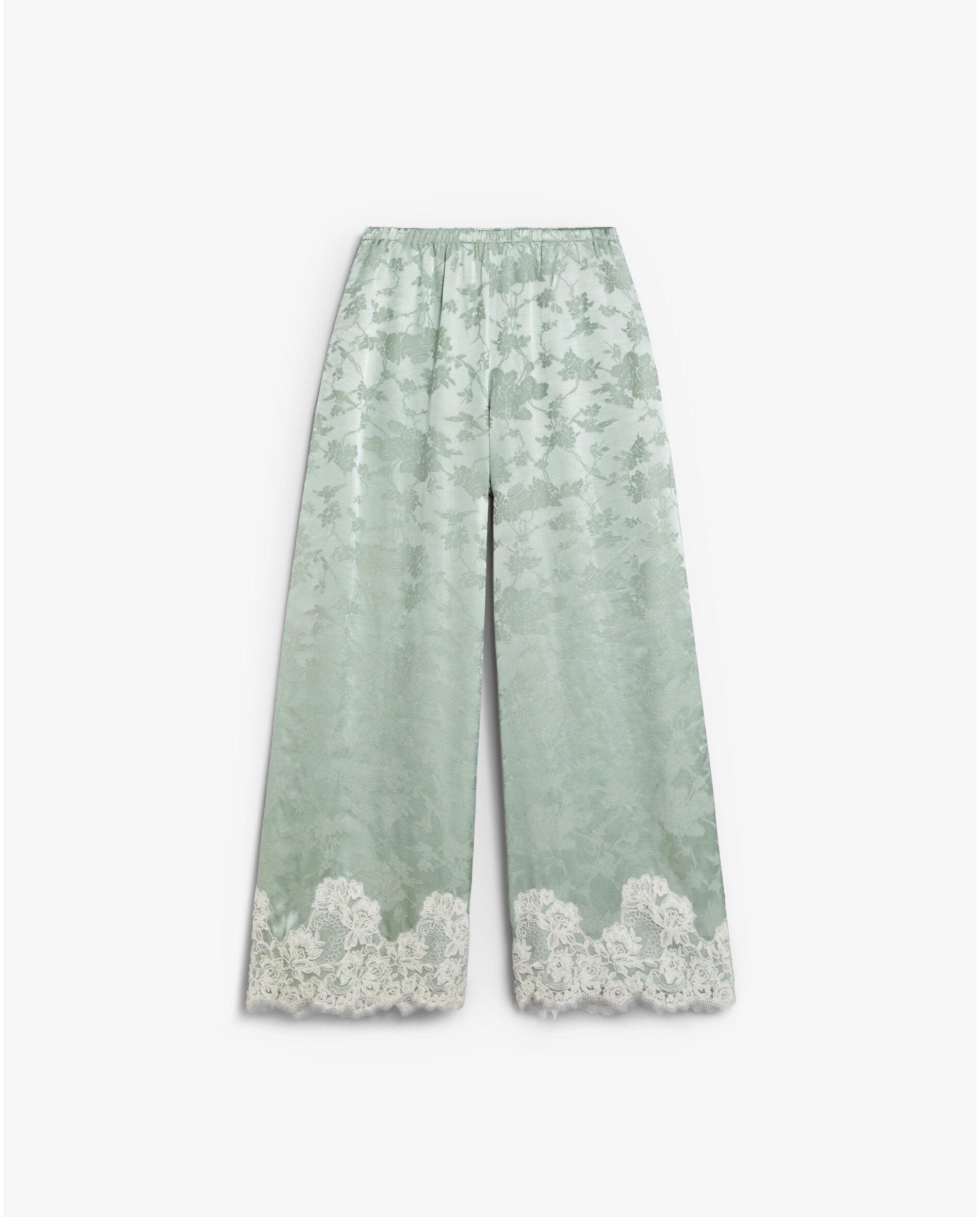 Imagen 0 de Pantalón ancho de mujer en tejido jacquard con encaje a contraste Verde menta