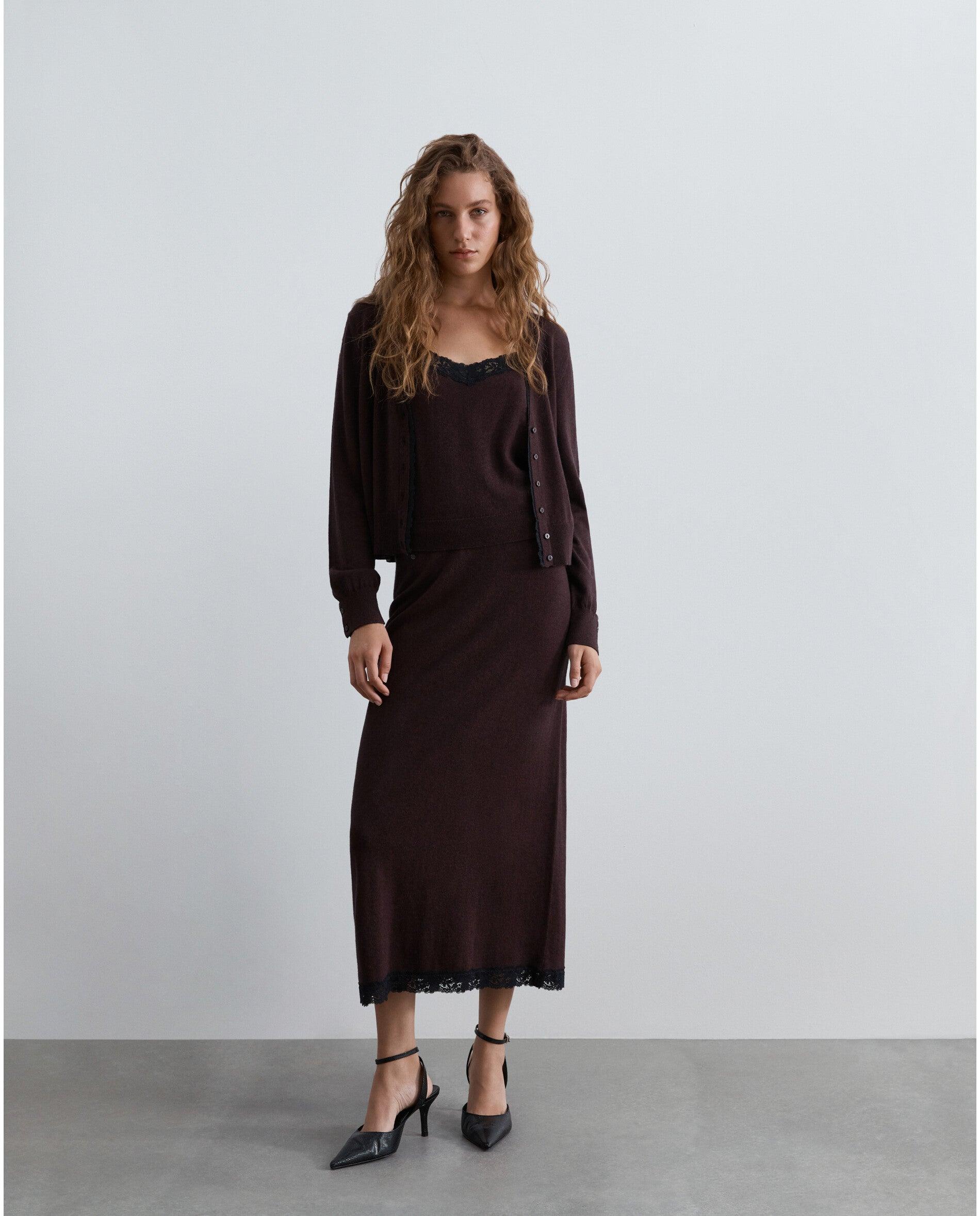Cárdigan de mujer con escote de pico y detalle de encaje - Scalpers - Marrón Marrón-2