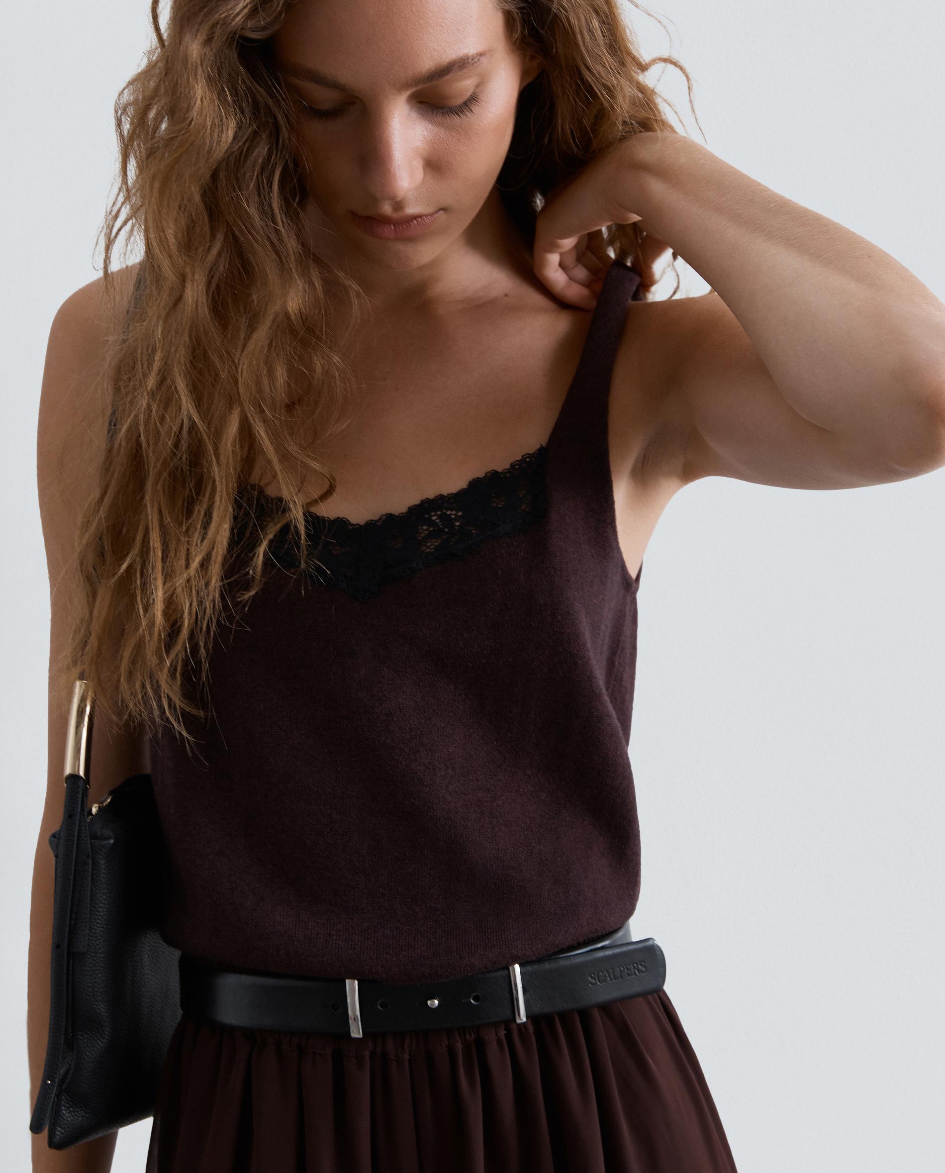 Top de mujer de punto con detalle de encaje - Scalpers - Marrón Marrón-1